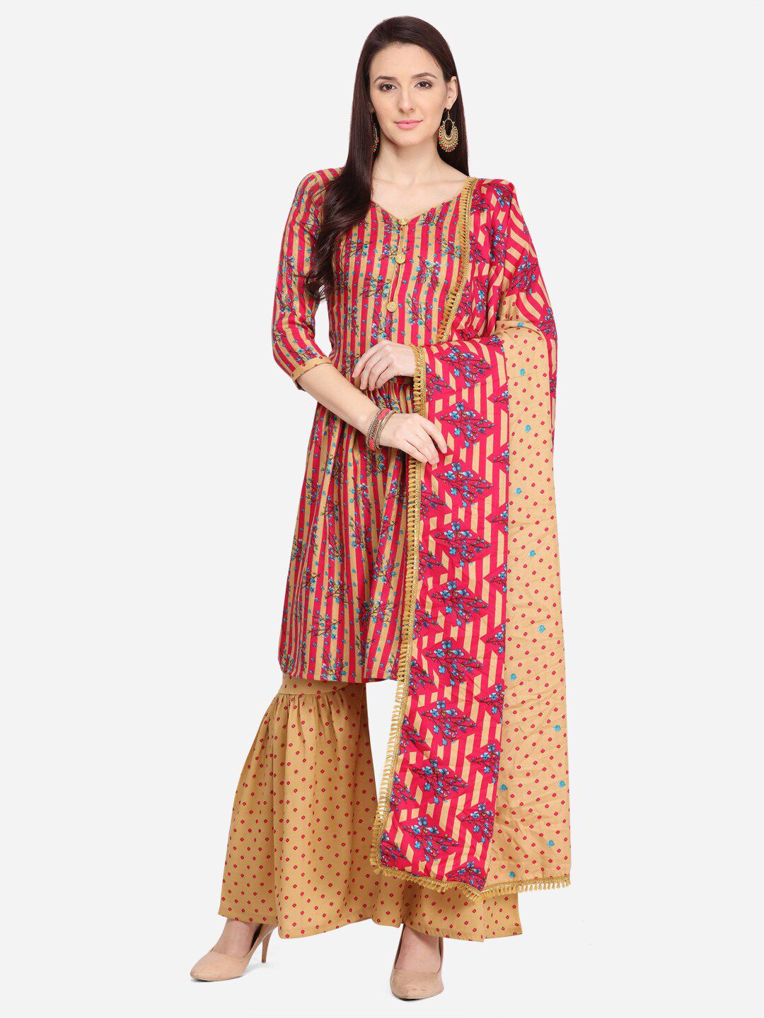 SHAVYA Pink & Beige Printed Unstitched Dress Material Price in India