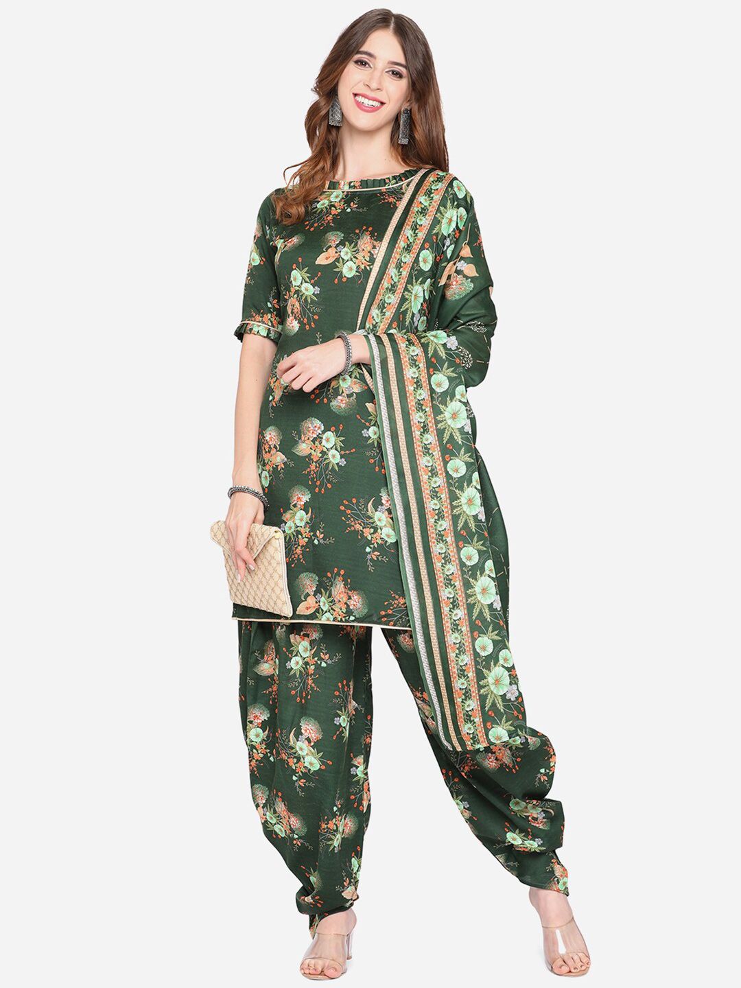 SHAVYA Olive Green & Orange Printed Unstitched Dress Material Price in India