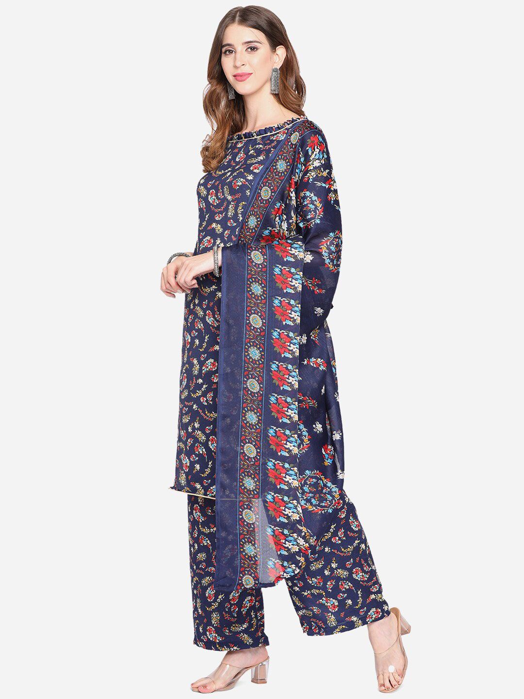 SHAVYA Navy Blue & White Printed Unstitched Dress Material Price in India