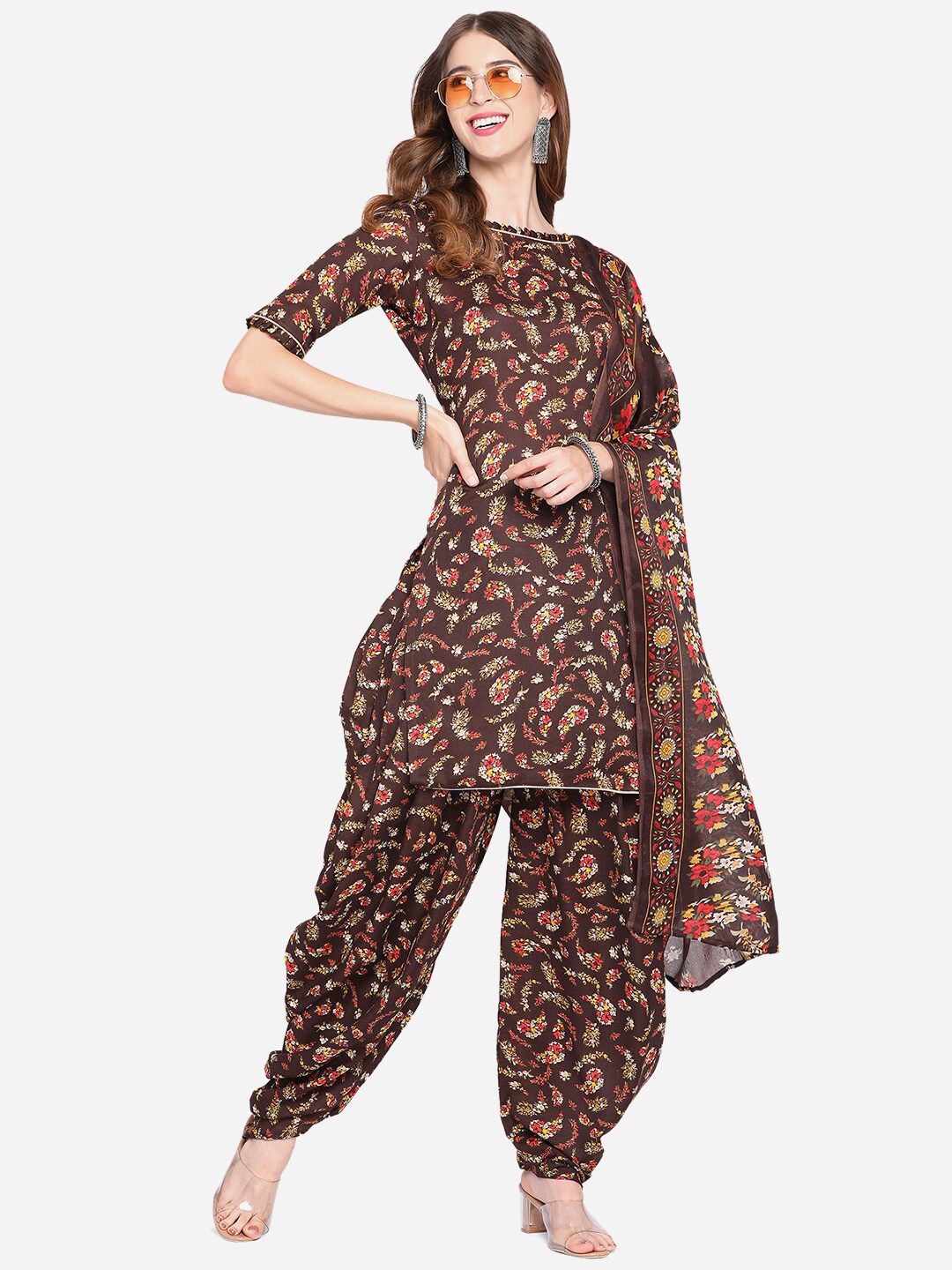 SHAVYA Coffee Brown & Red Printed Unstitched Dress Material Price in India