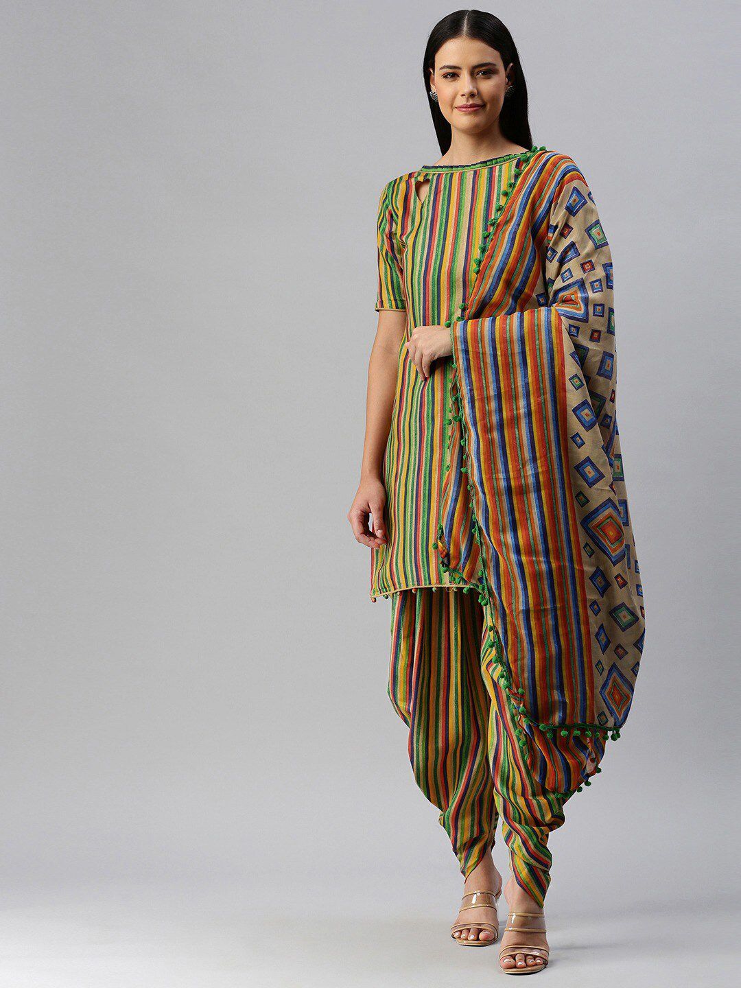 SHAVYA Green & Yellow Printed Unstitched Dress Material Price in India