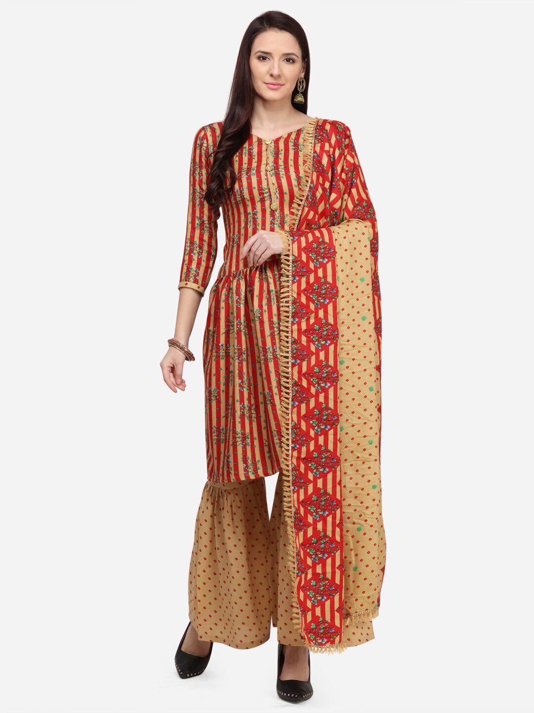 SHAVYA Red & Beige Floral Printed Unstitched Dress Material Price in India