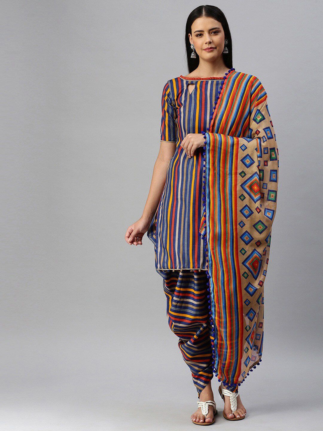 SHAVYA Blue & Orange Printed Unstitched Dress Material Price in India