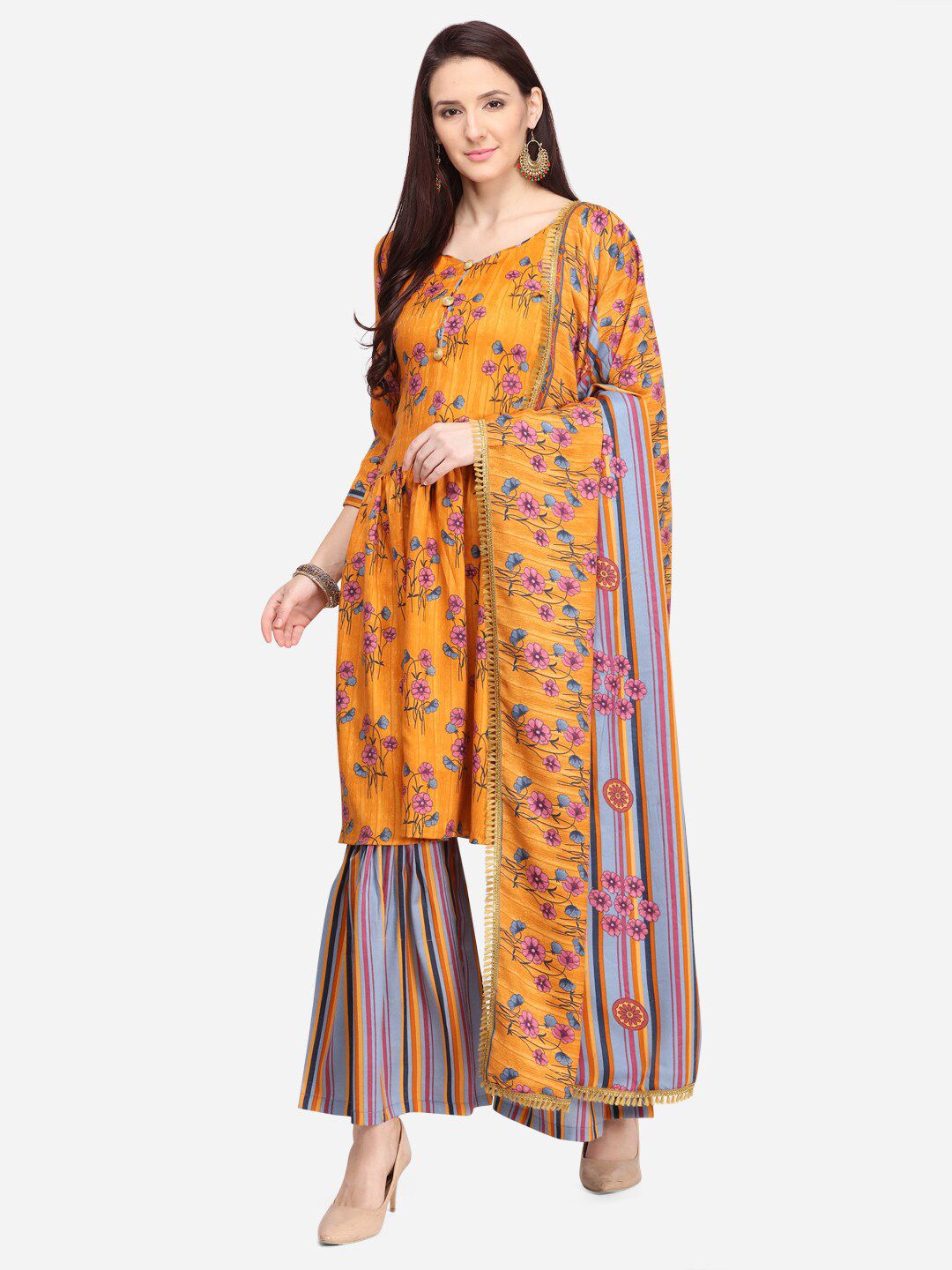 SHAVYA Mustard & Blue Printed Unstitched Dress Material Price in India