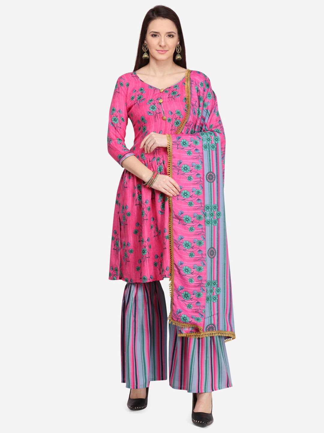 SHAVYA Pink & Blue Printed Unstitched Dress Material Price in India