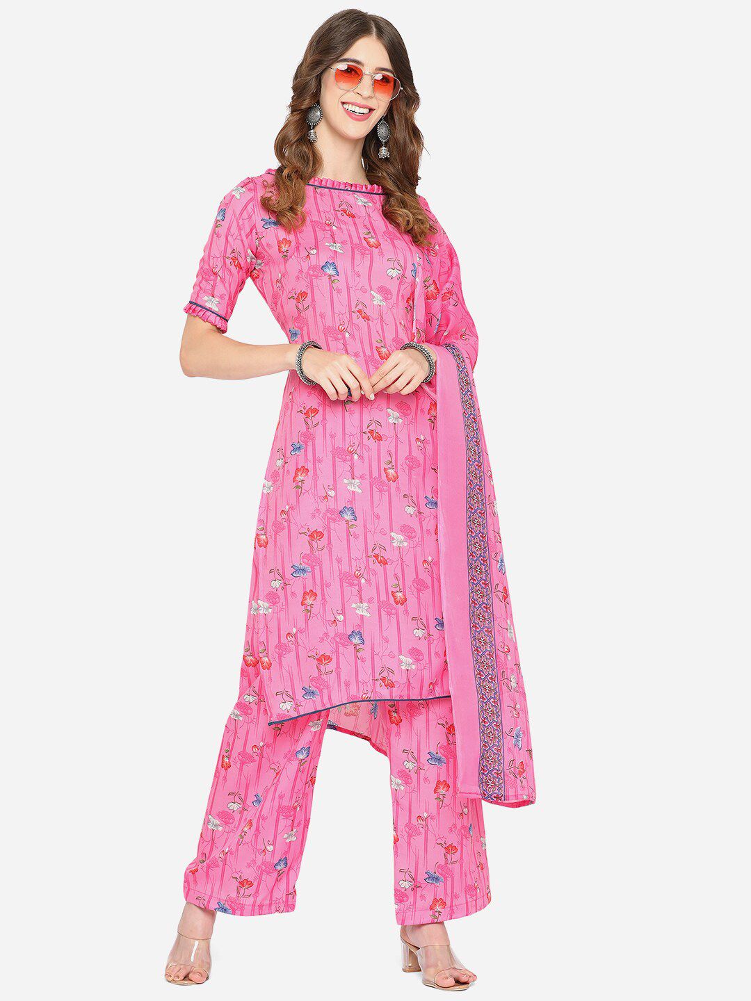 SHAVYA Rose & Blue Printed Unstitched Cotton Blend Dress Material Price in India