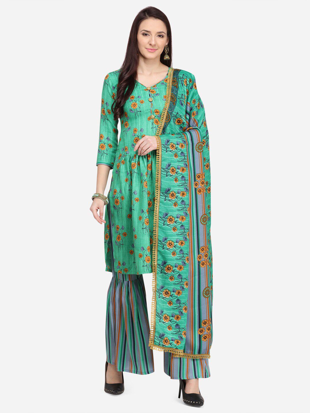SHAVYA Green & Blue Printed Unstitched Dress Material Price in India
