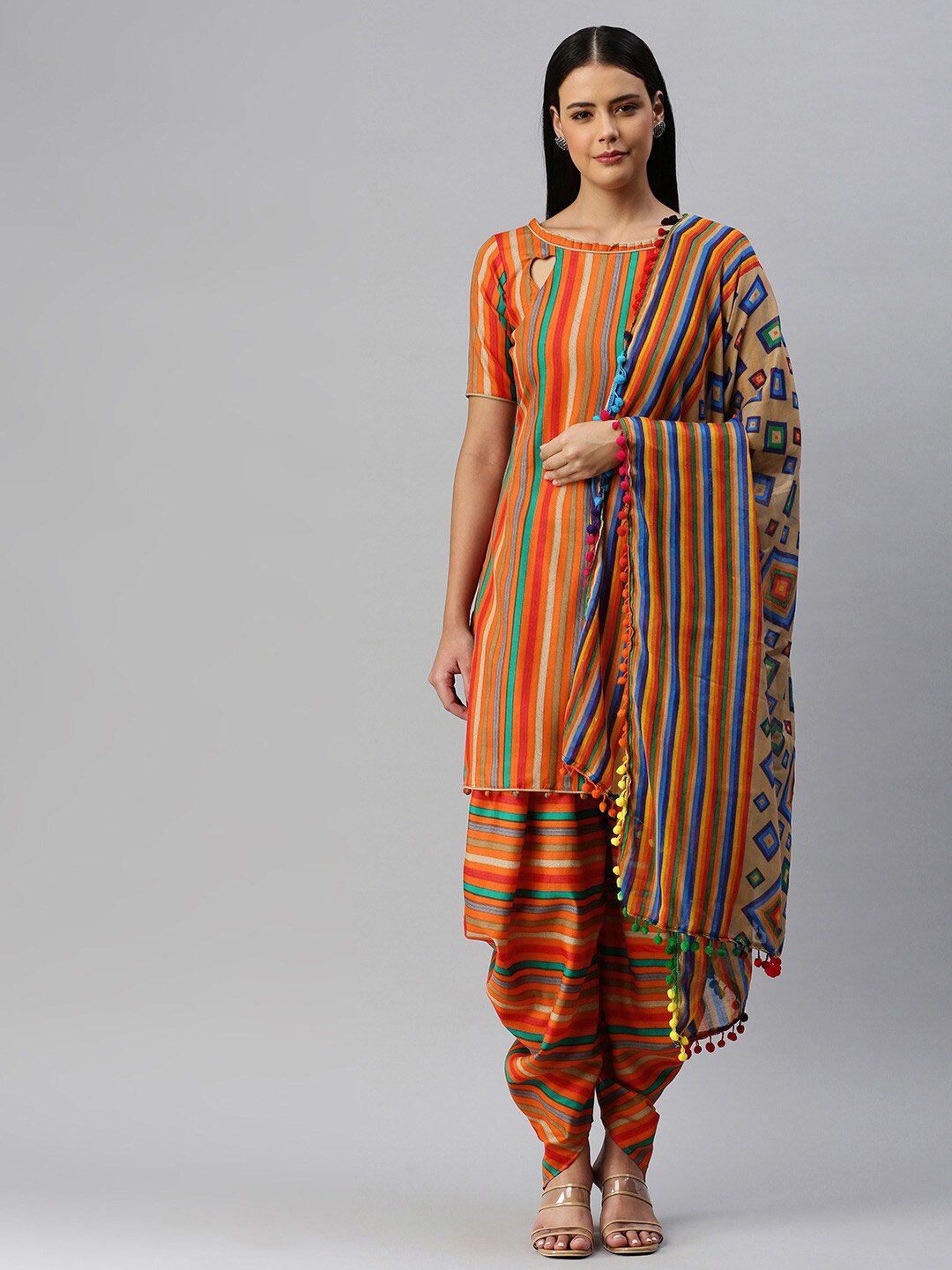 SHAVYA Orange & Green Printed Unstitched Dress Material Price in India