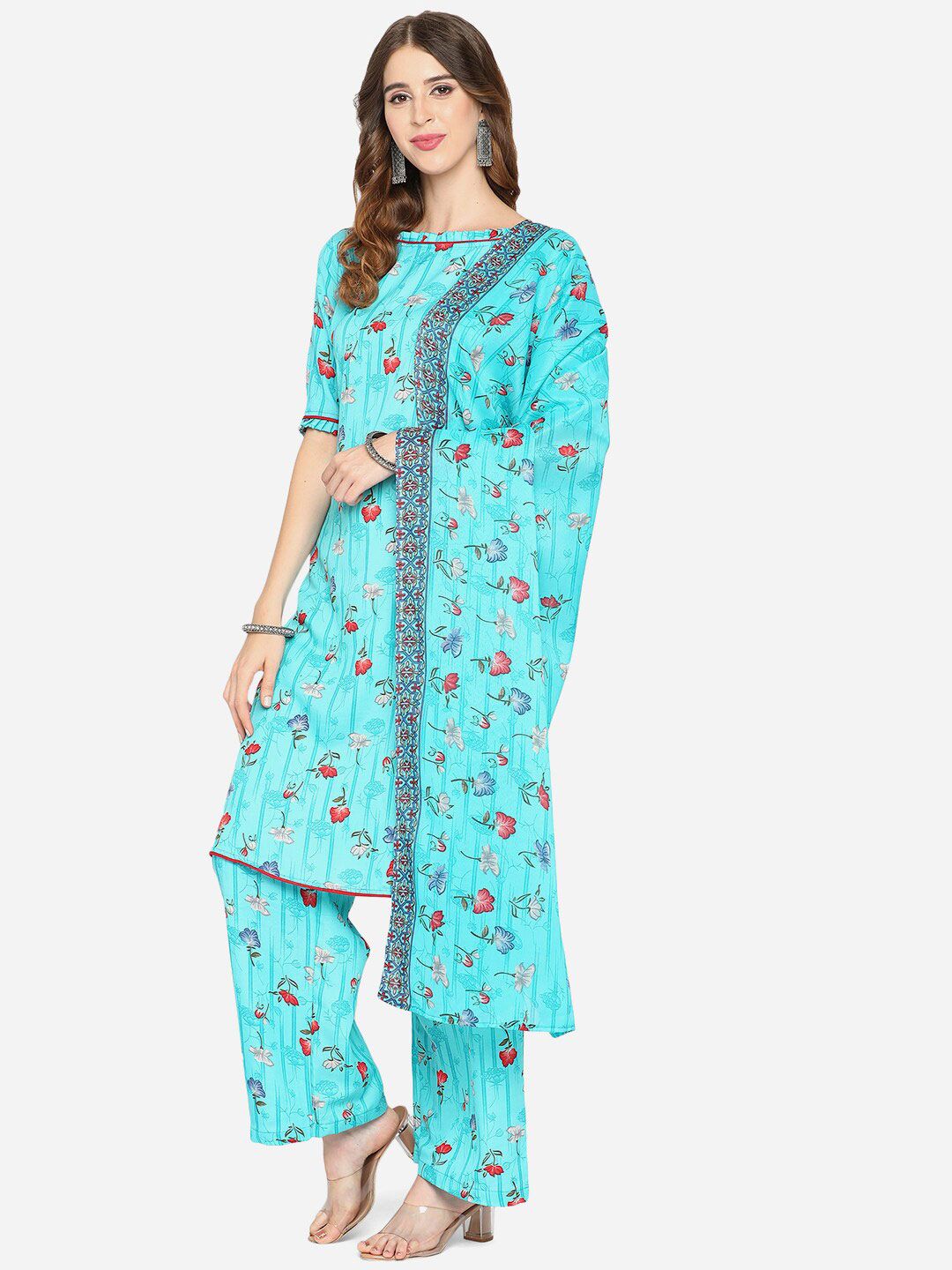 SHAVYA Sea Green & Red Printed Unstitched Dress Material Price in India