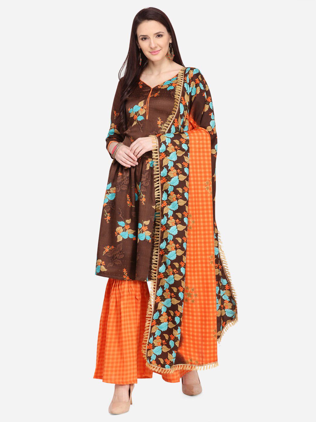 SHAVYA Brown & Orange Printed Unstitched Dress Material Price in India