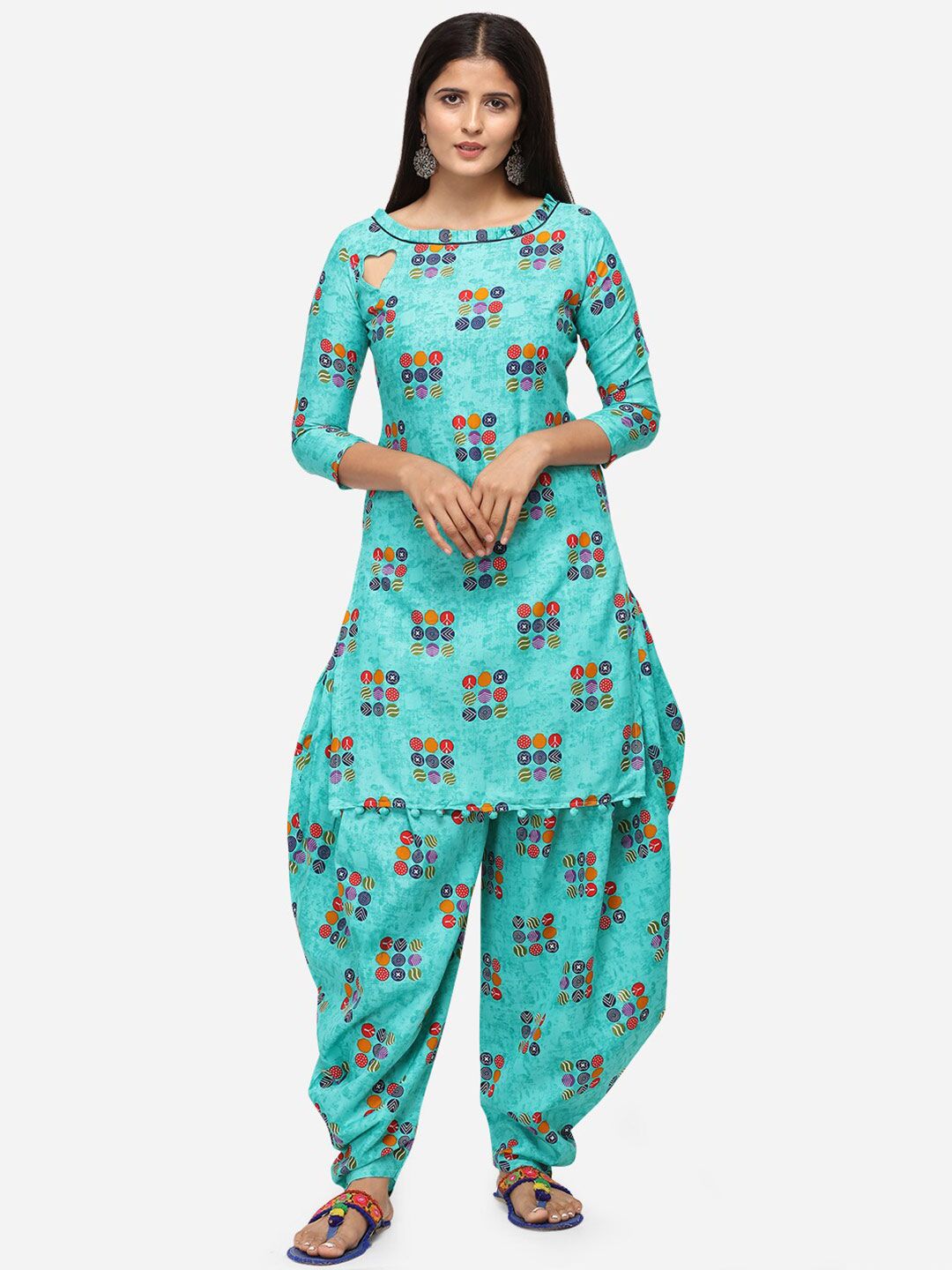 SHAVYA Sea Green & Orange Printed Unstitched Dress Material Price in India