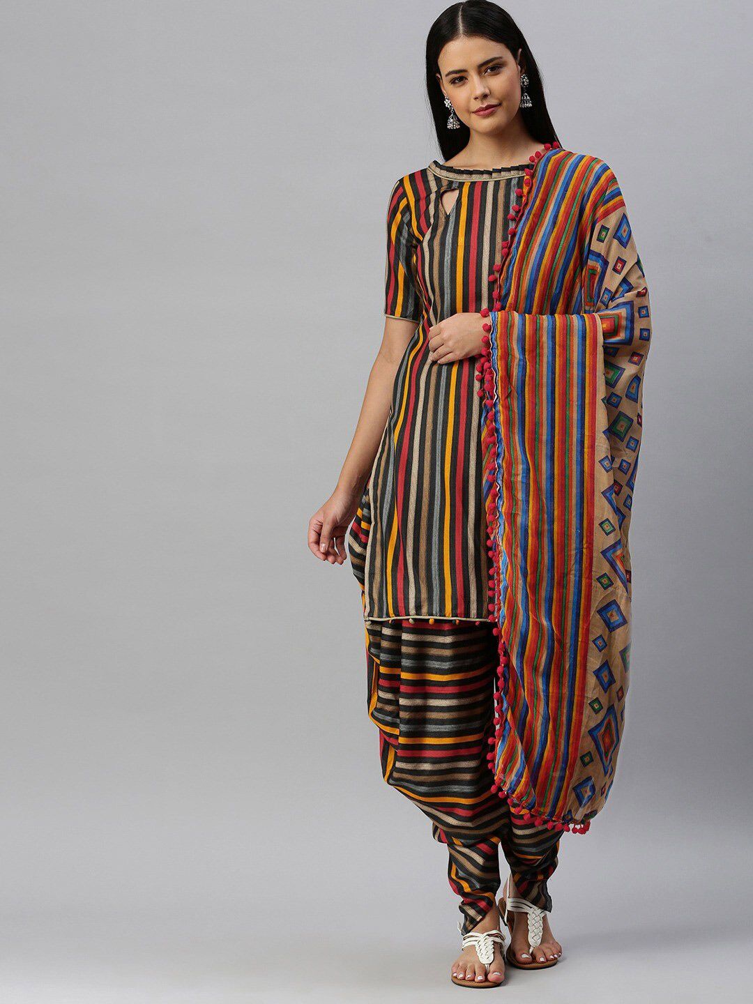 SHAVYA Multicoloured Striped Unstitched Dress Material Price in India