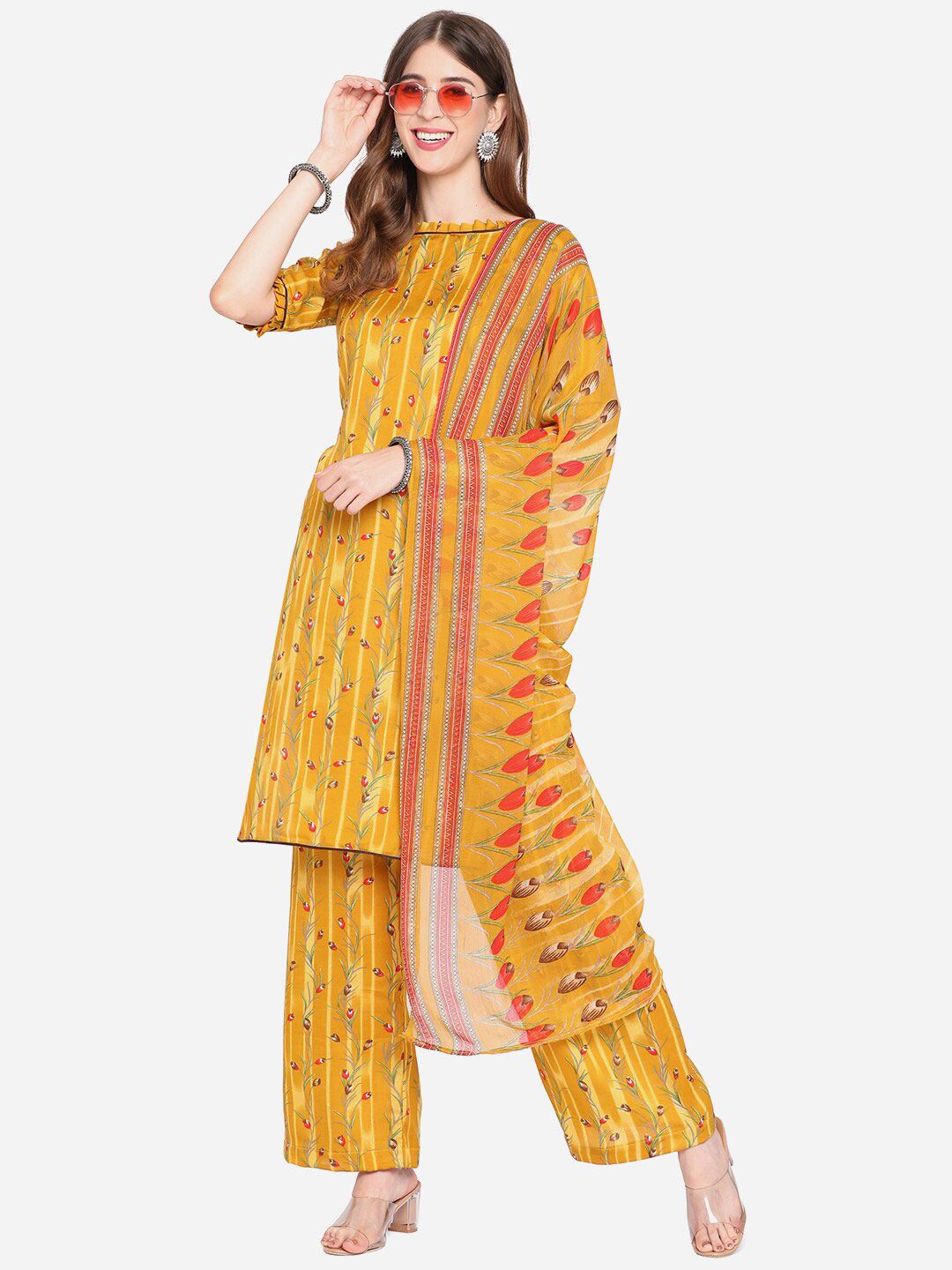 SHAVYA Mustard & Red Printed Unstitched Dress Material Price in India