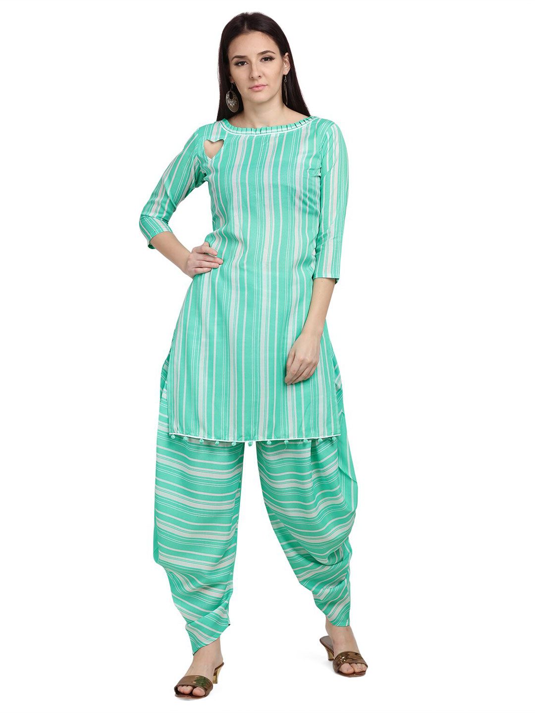 SHAVYA Sea Green & White Printed Unstitched Dress Material Price in India