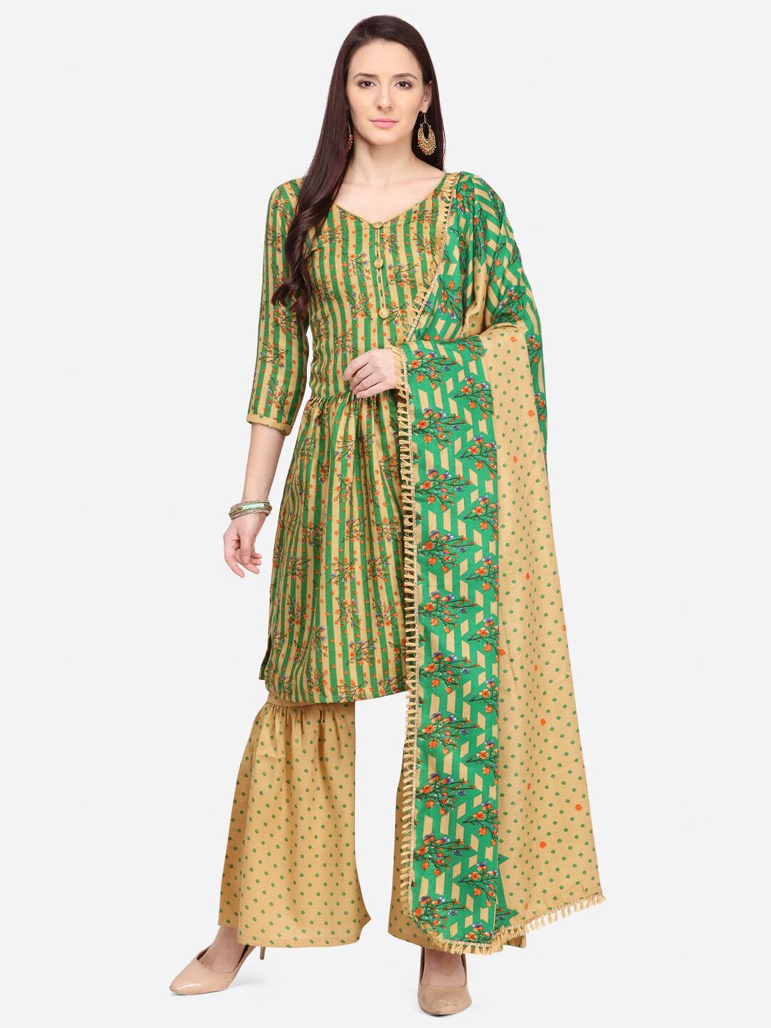 SHAVYA Green & Cream-Coloured Printed Unstitched Dress Material Price in India