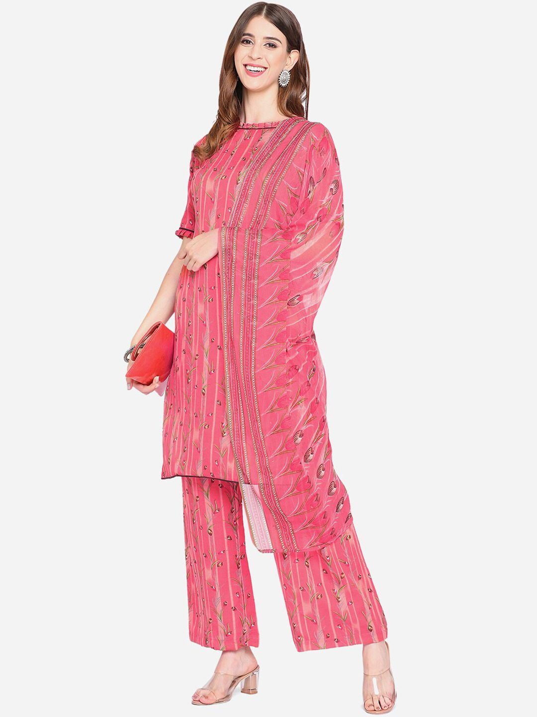 SHAVYA Pink Printed Unstitched Dress Material Price in India
