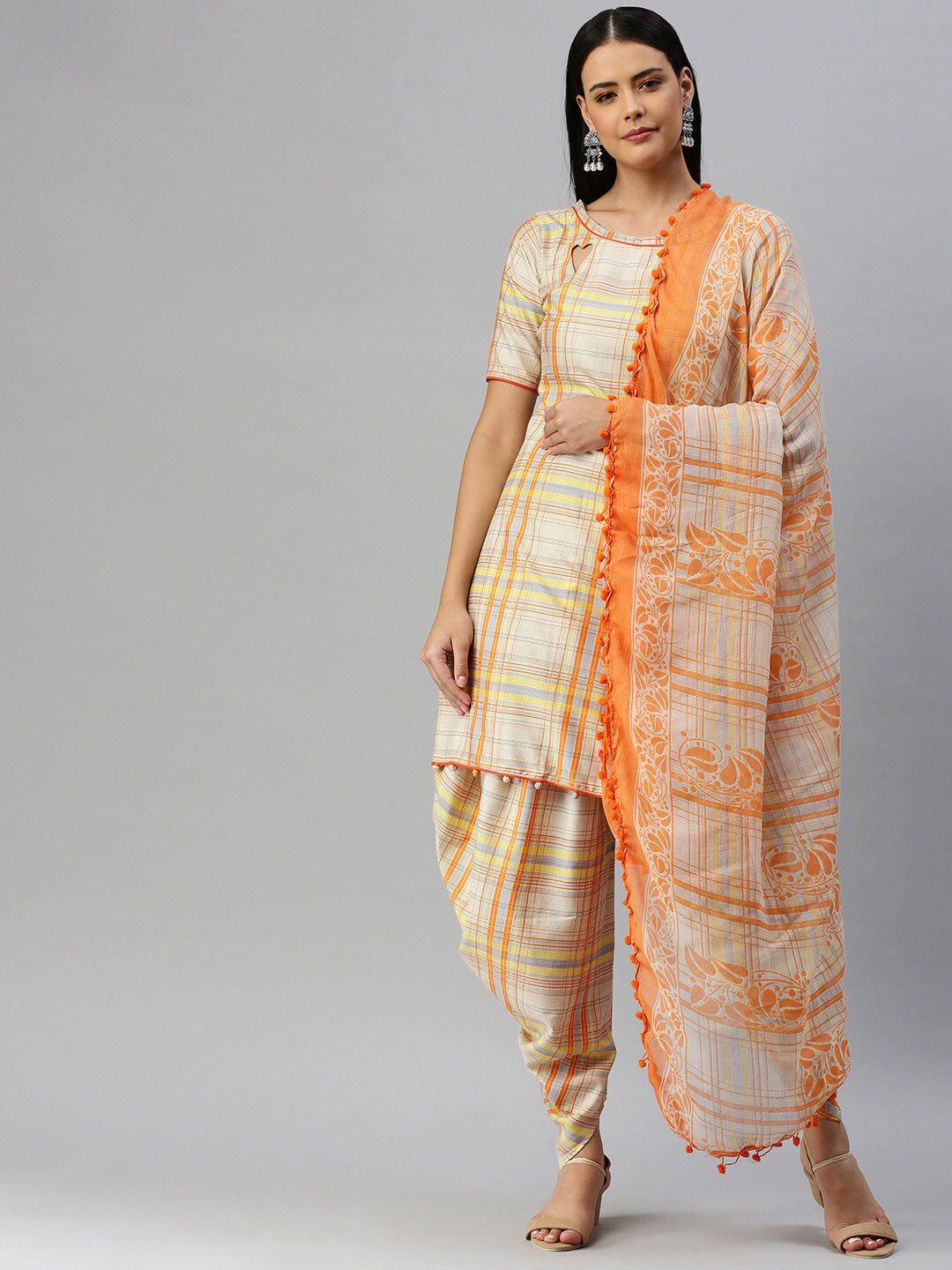 SHAVYA Orange & Cream-Coloured Printed Unstitched Dress Material Price in India