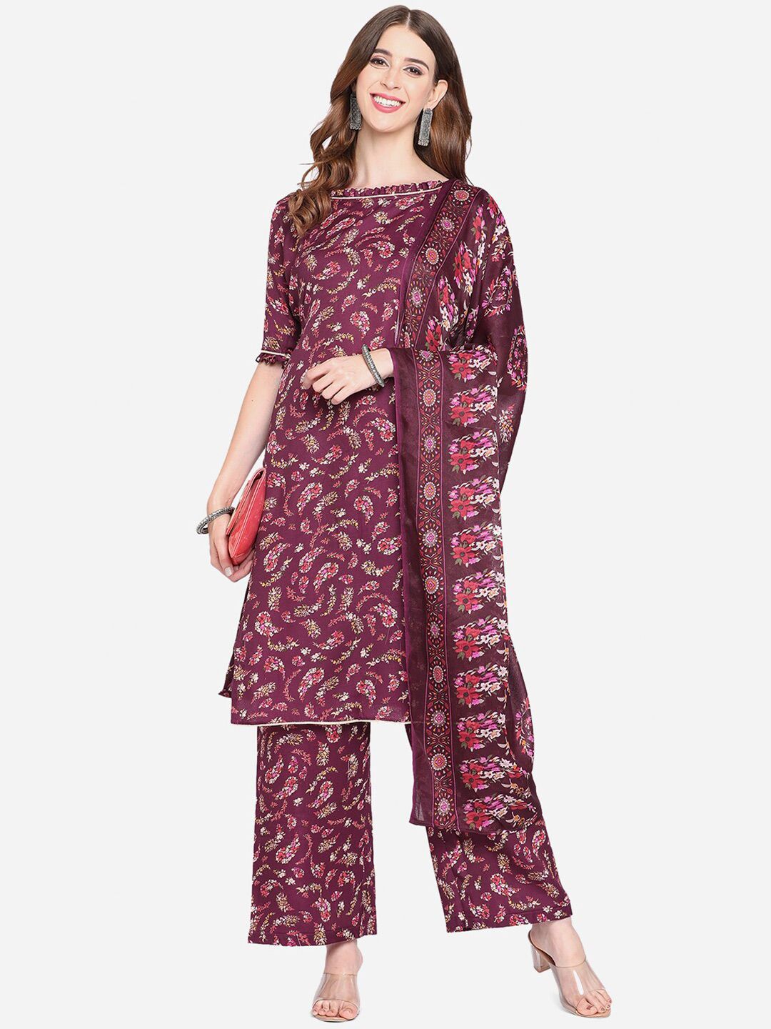 SHAVYA Burgundy & Red Printed Unstitched Dress Material Price in India