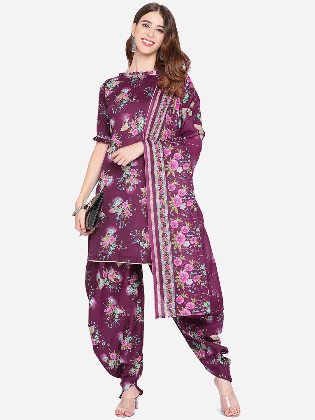 SHAVYA Violet & Pink Printed Unstitched Dress Material Price in India