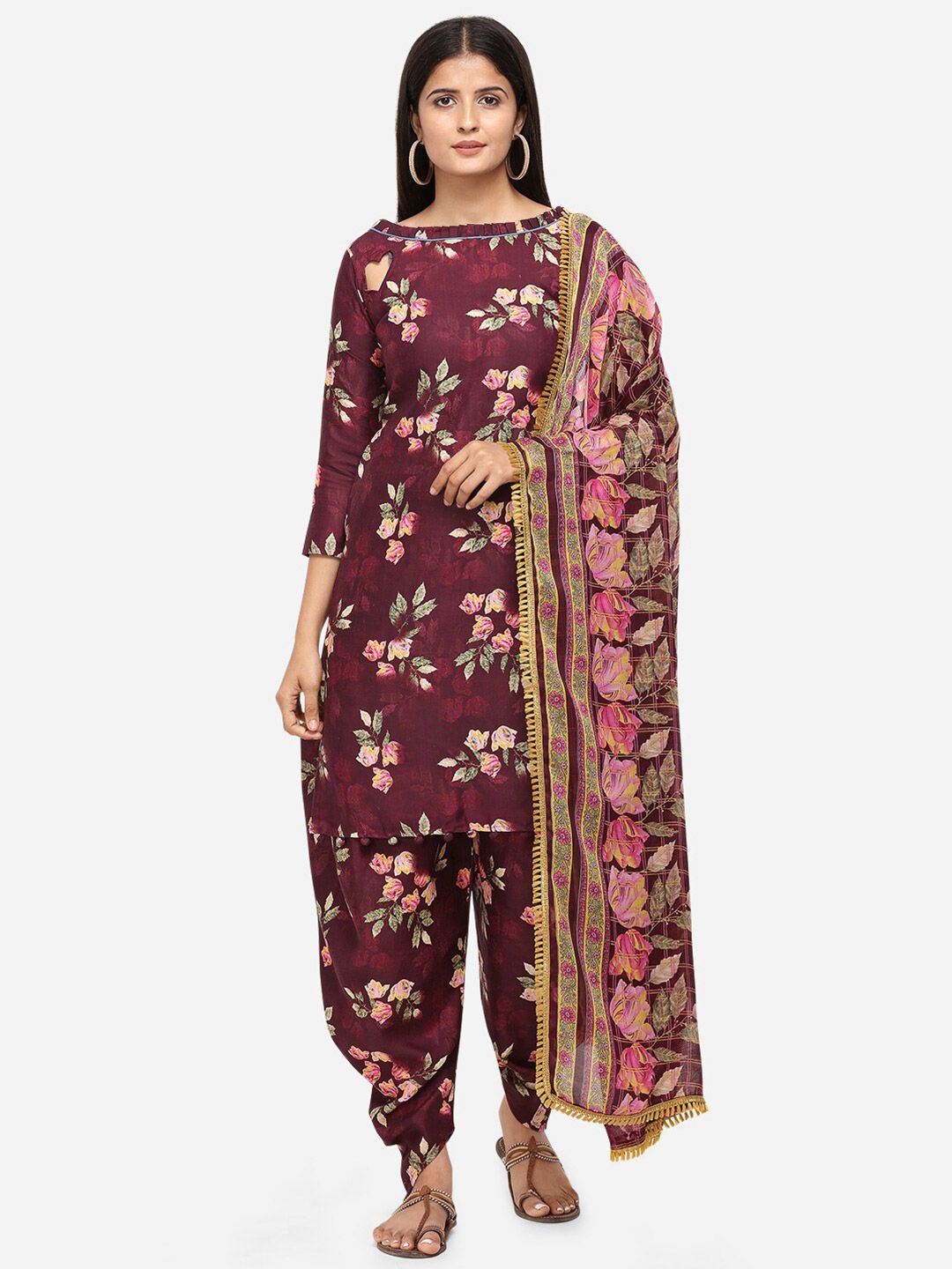 SHAVYA Burgundy Printed Unstitched Dress Material Price in India