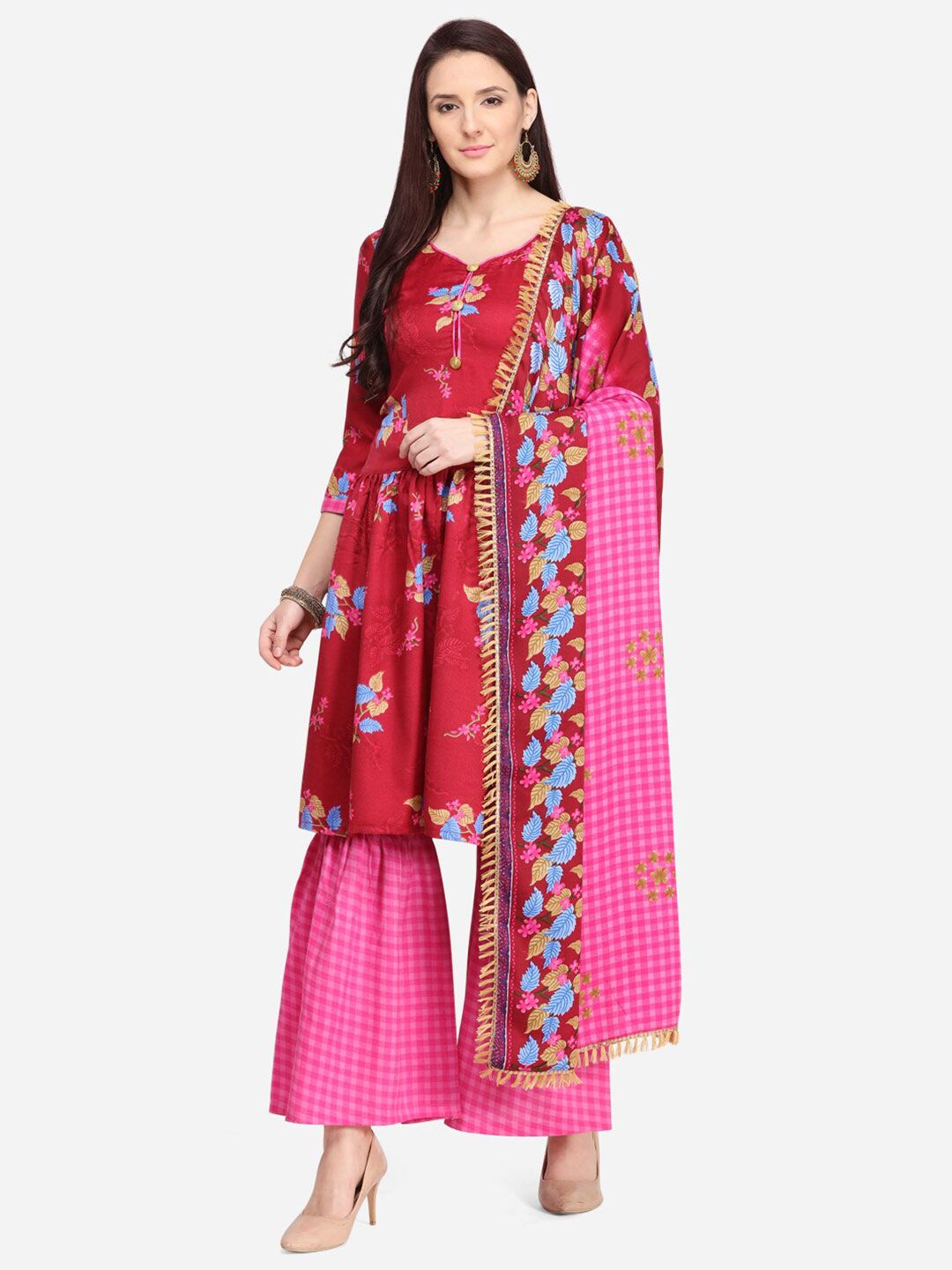 SHAVYA Red & Pink Printed Unstitched Dress Material Price in India
