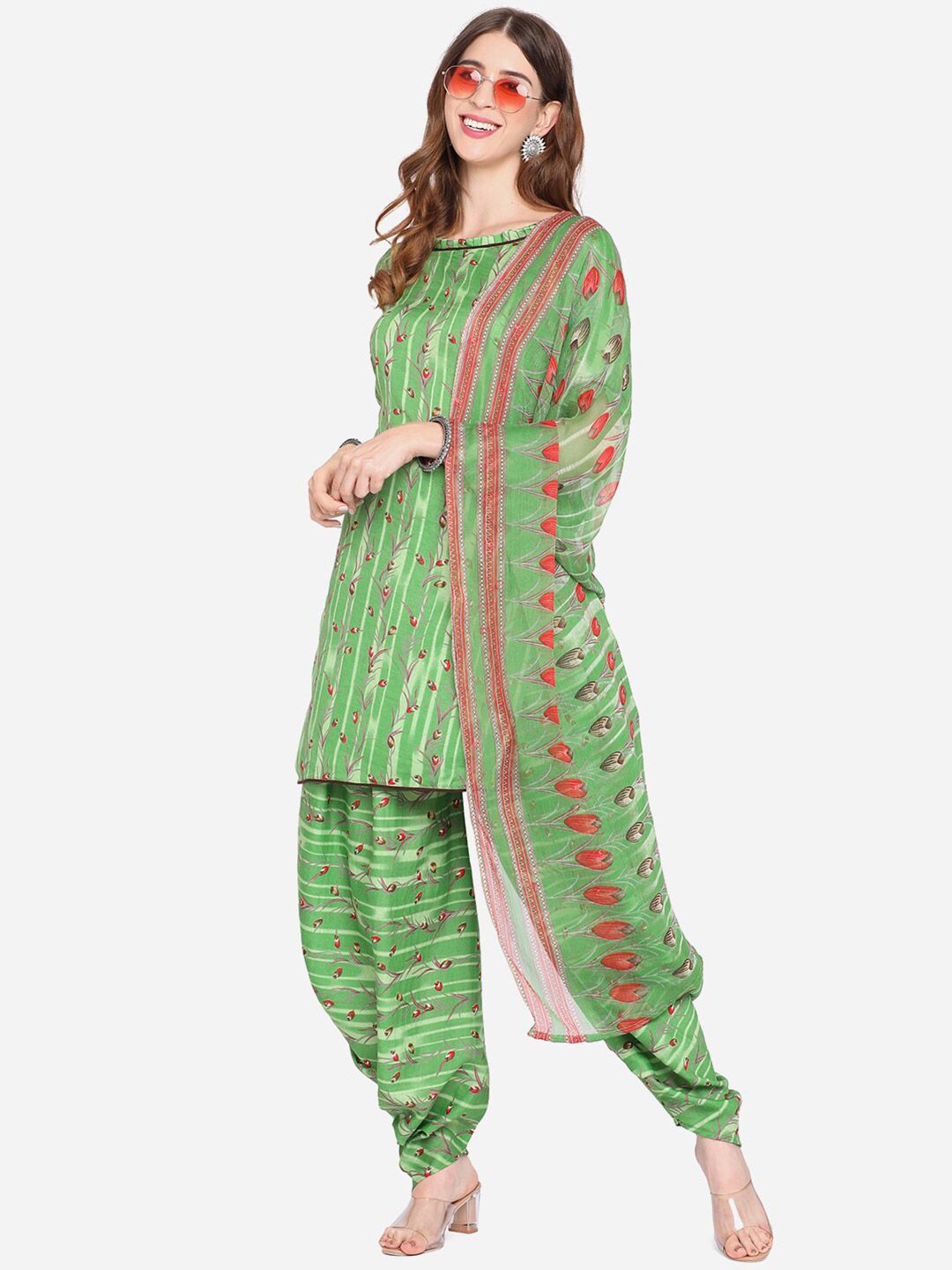 SHAVYA Green & Pink Printed Unstitched Dress Material Price in India