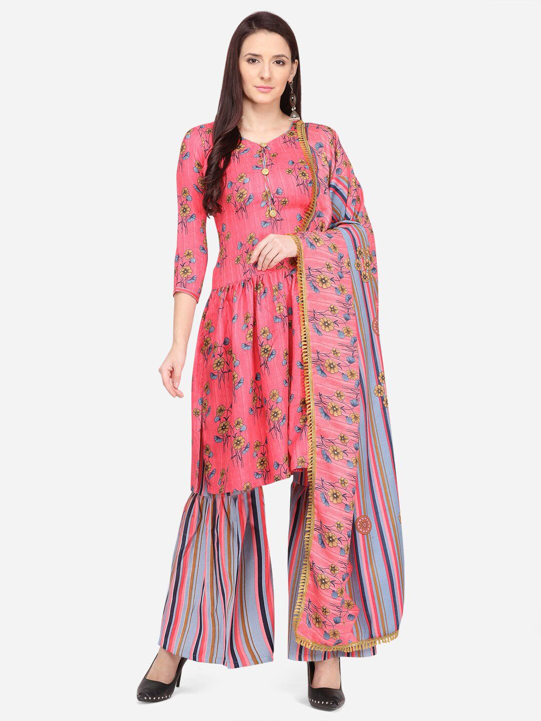 SHAVYA Pink & Blue Printed Unstitched Dress Material Price in India