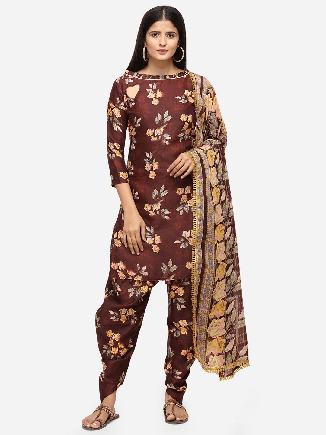 SHAVYA Brown & Yellow Printed Unstitched Dress Material Price in India