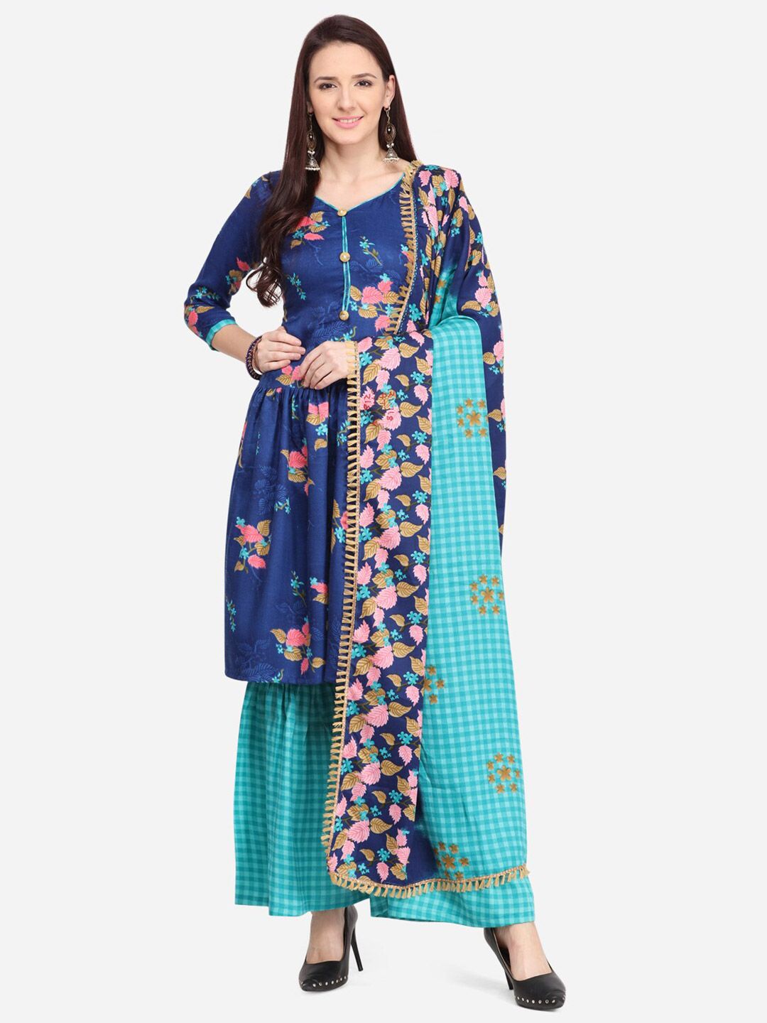 SHAVYA Navy Blue & Pink Printed Unstitched Dress Material Price in India