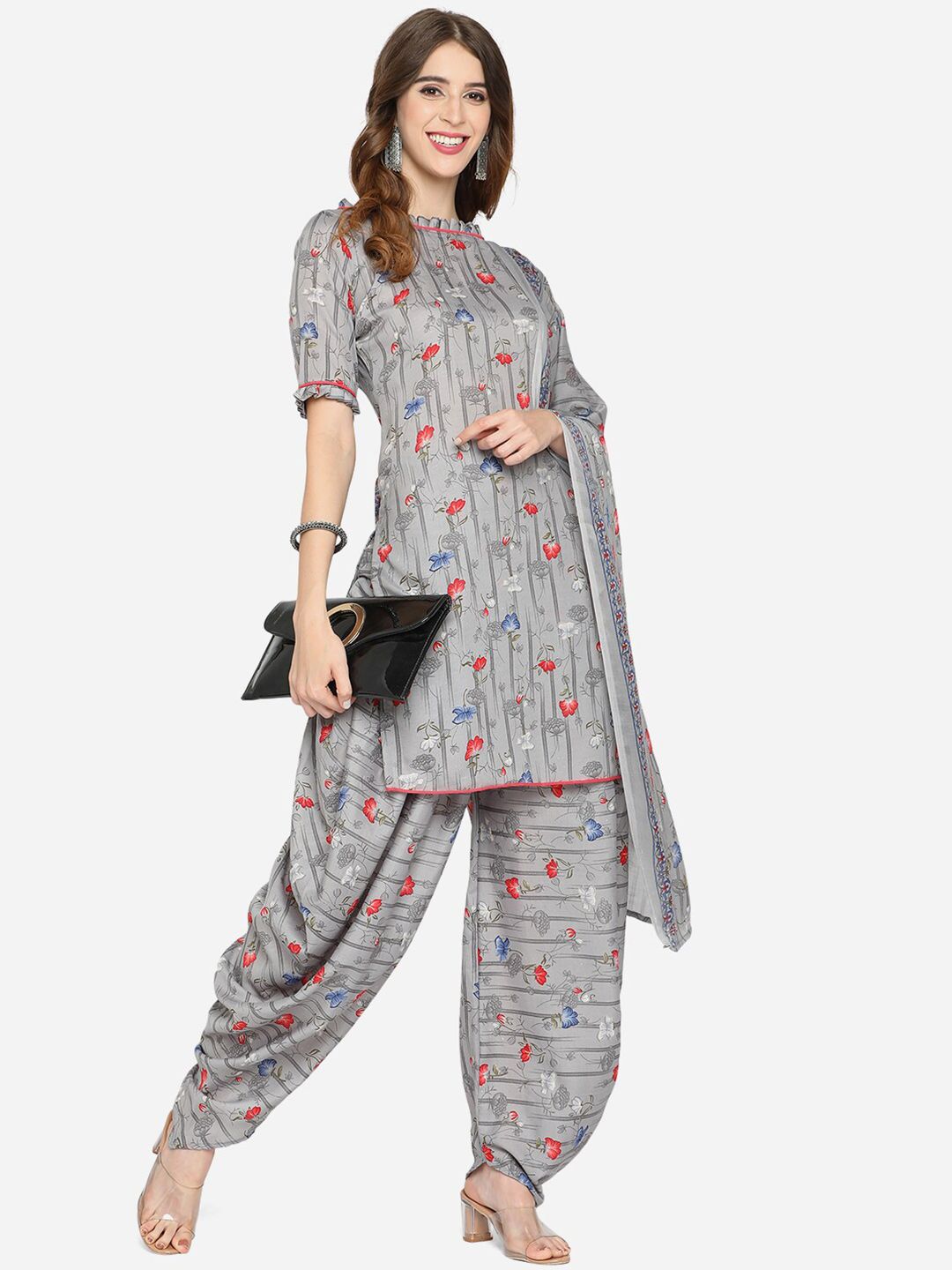 SHAVYA Grey & Red Printed Unstitched Dress Material Price in India