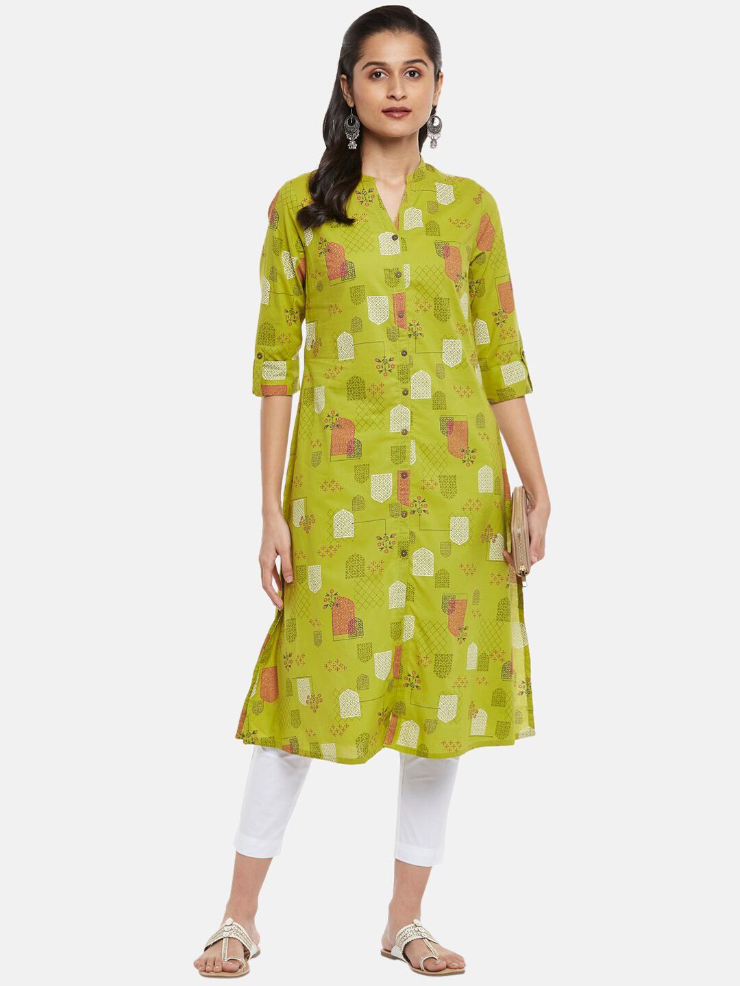 RANGMANCH BY PANTALOONS Women Lime Green Checked Thread Work Kurta Price in India