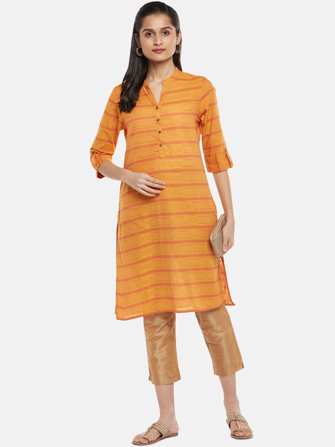 RANGMANCH BY PANTALOONS Women Orange Checked Flared Sleeves Thread Work Kurta Price in India
