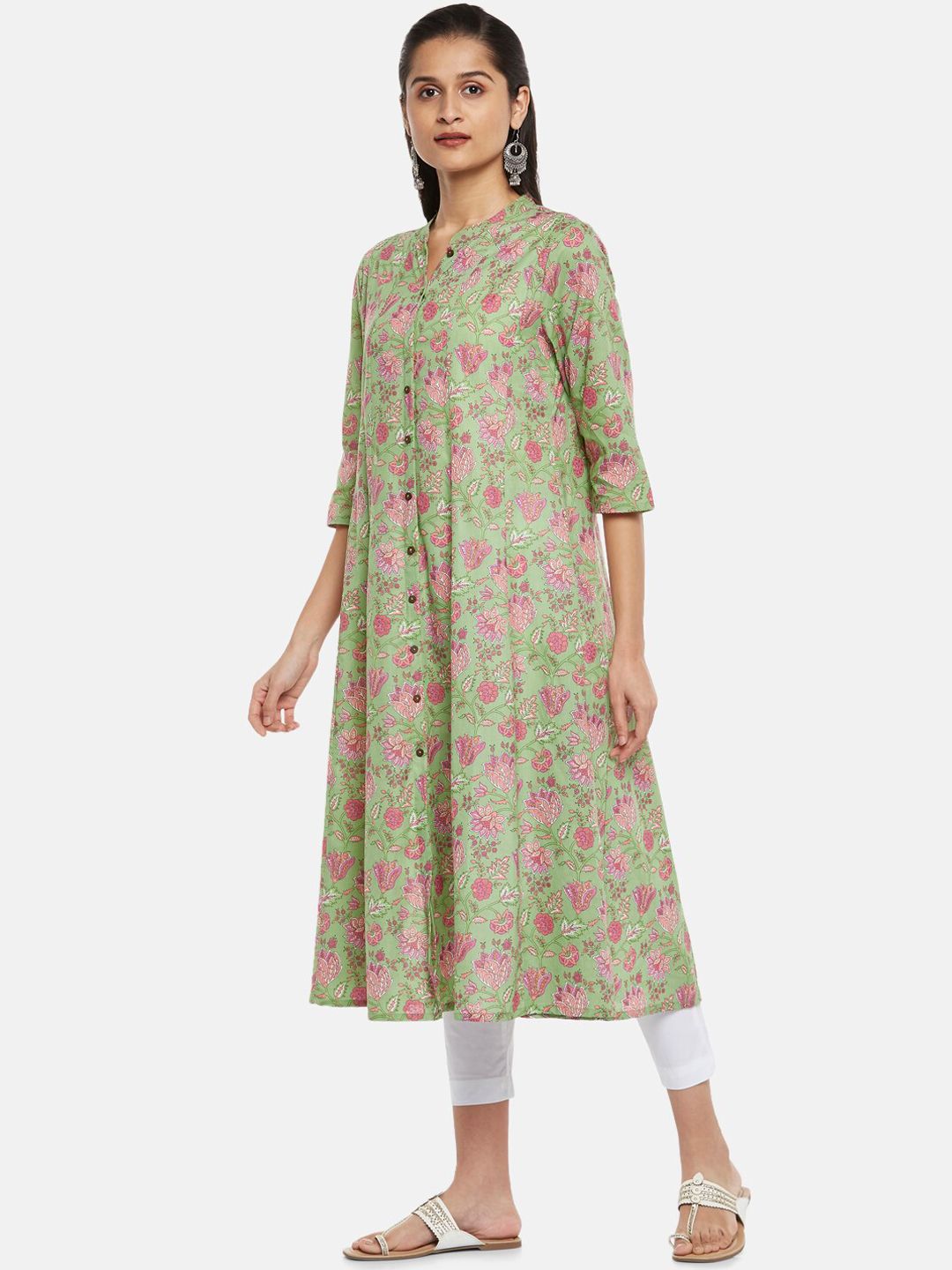 RANGMANCH BY PANTALOONS Women Green Floral Printed Flared Sleeves Thread Work Anarkali Kurta Price in India