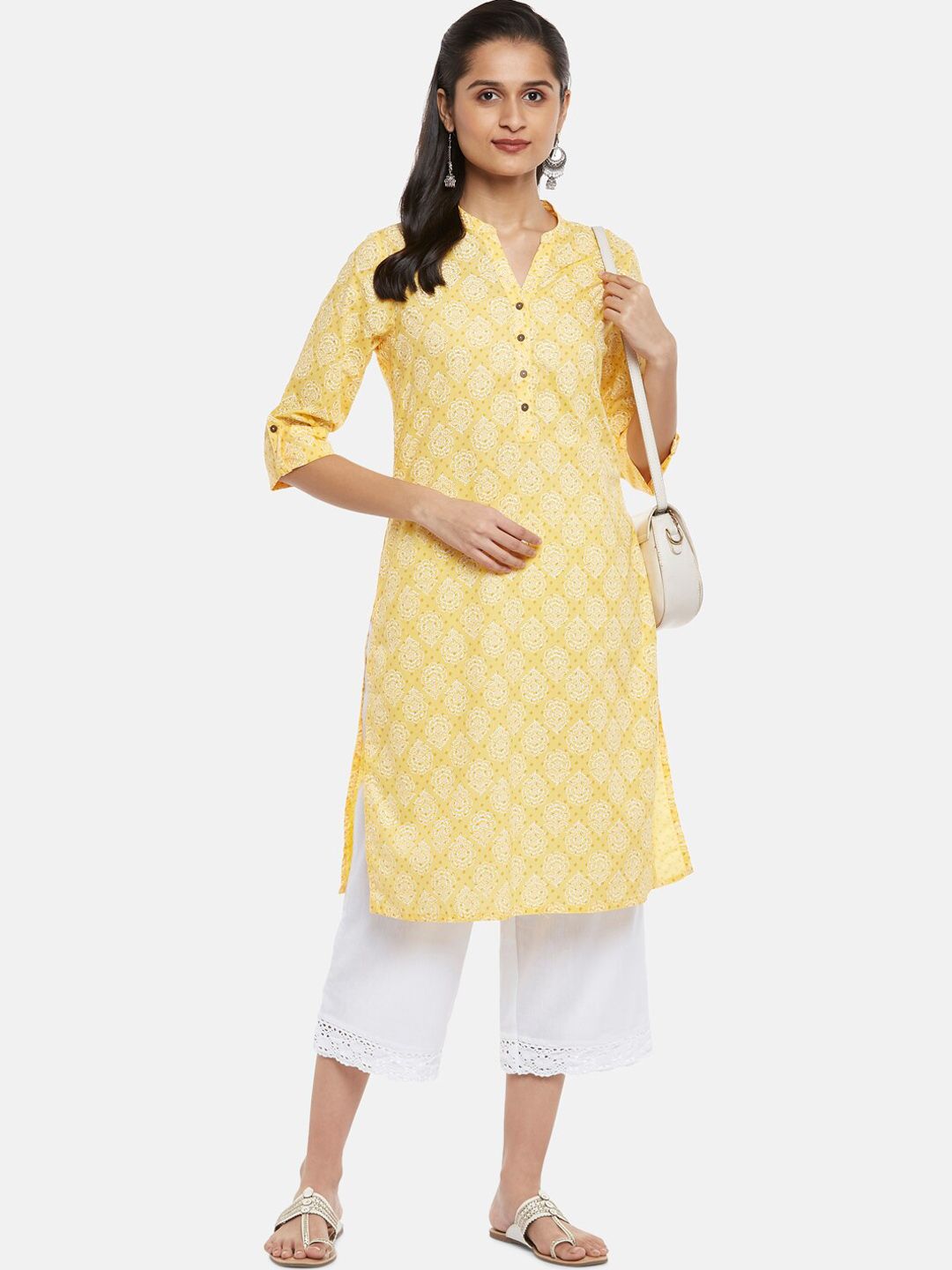 RANGMANCH BY PANTALOONS Women Yellow Ethnic Motifs Cold-Shoulder Sleeves Thread Work Kurta Price in India