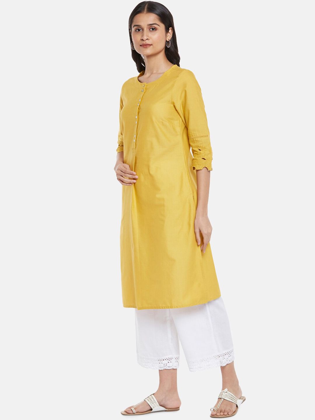 RANGMANCH BY PANTALOONS Women Yellow Thread Work Kurta Price in India