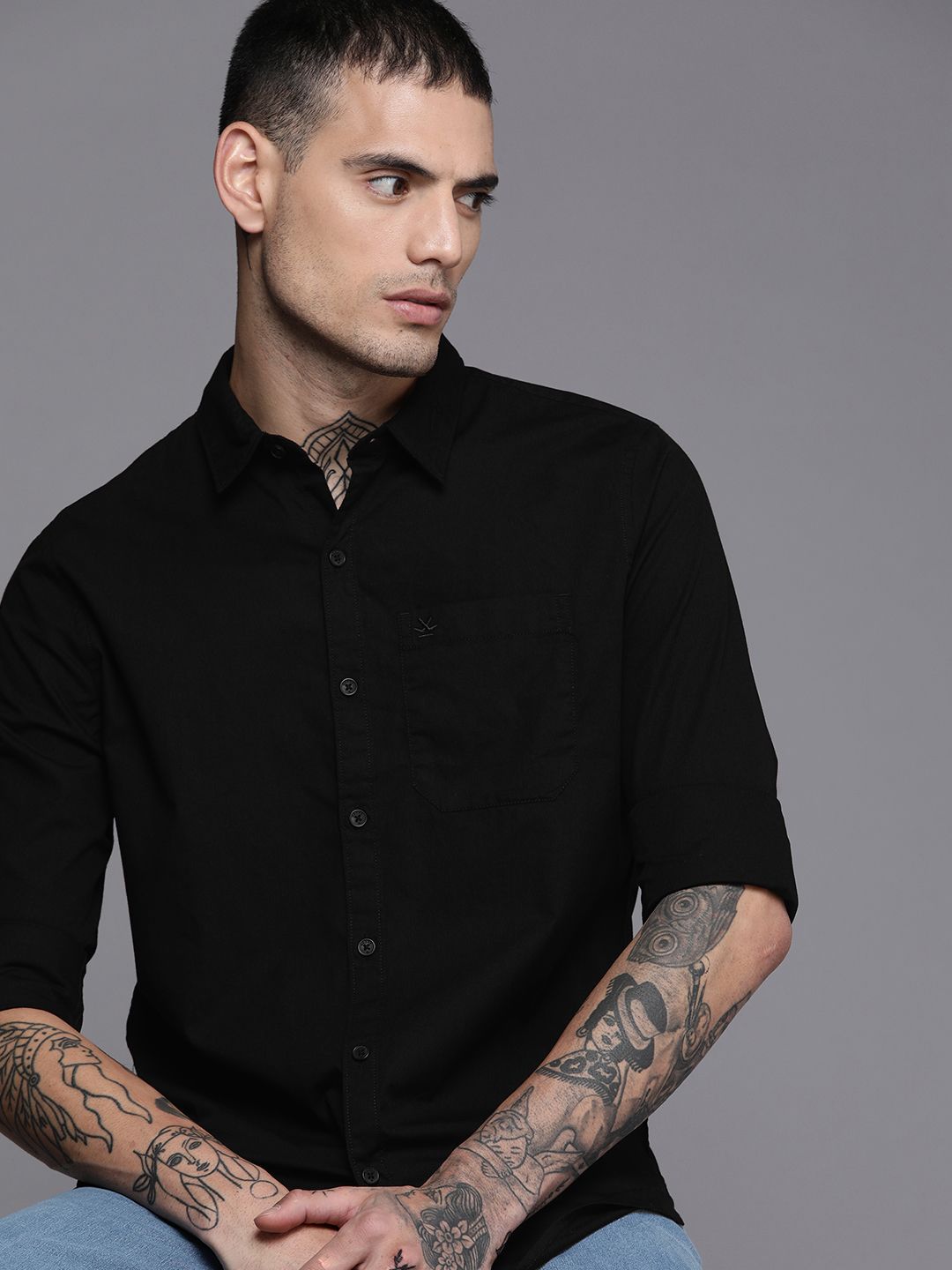 WROGN Men Black Solid Slim Fit Pure Cotton Casual Shirt