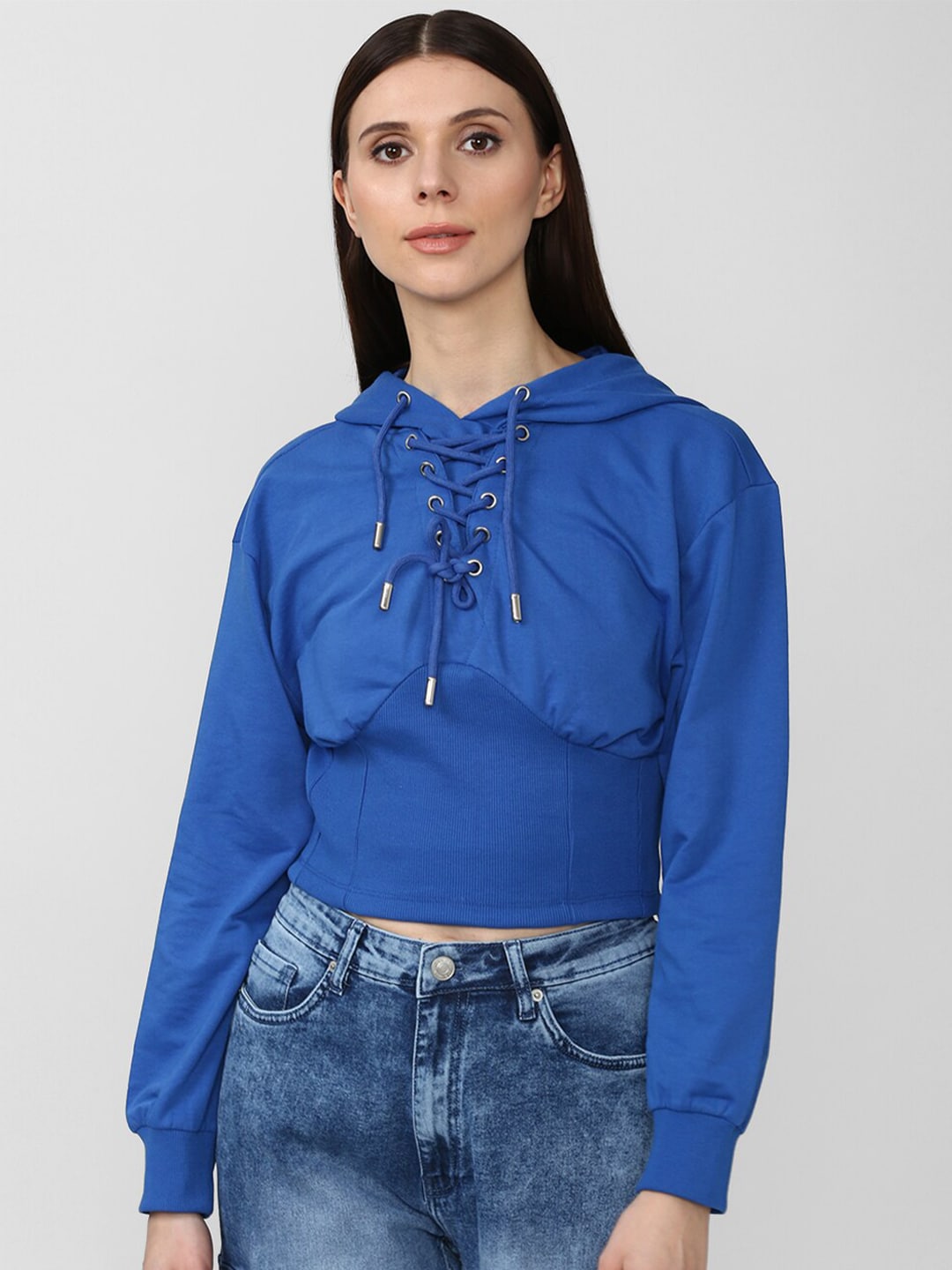 FOREVER 21 Women Blue Hooded Sweatshirt Price in India