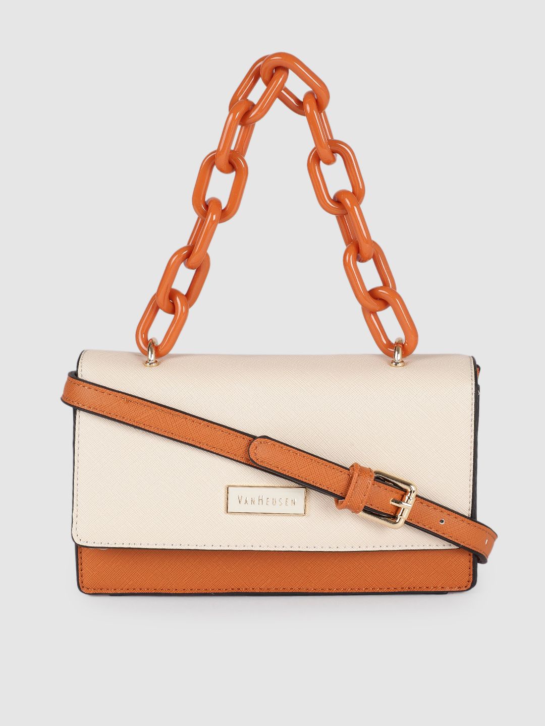 Van Heusen Off-White and Brown Colourblocked Structured Sling Bag Price in India