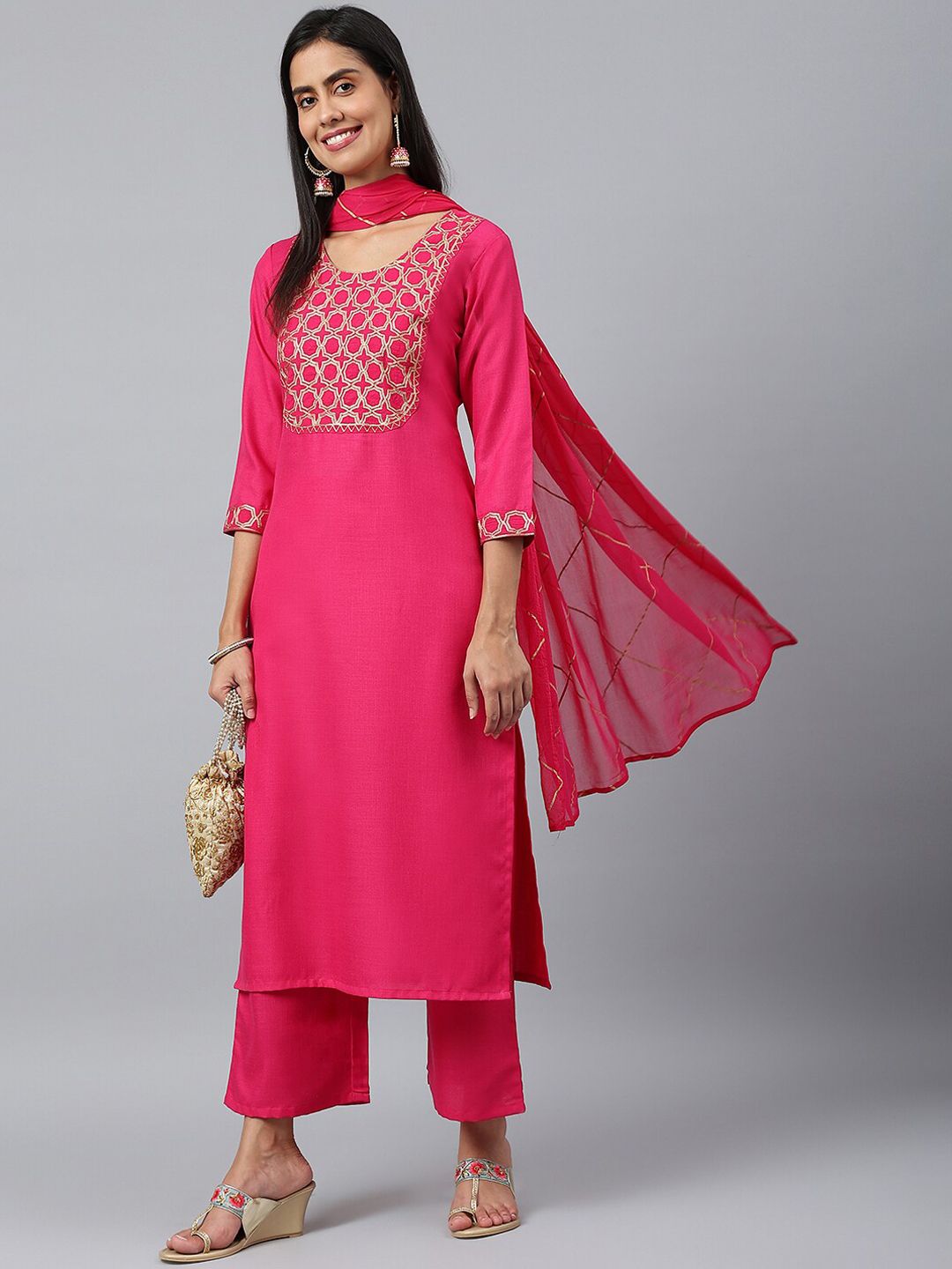 KALINI Women Pink Yoke Design Kurta with Palazzos & With Dupatta Price in India