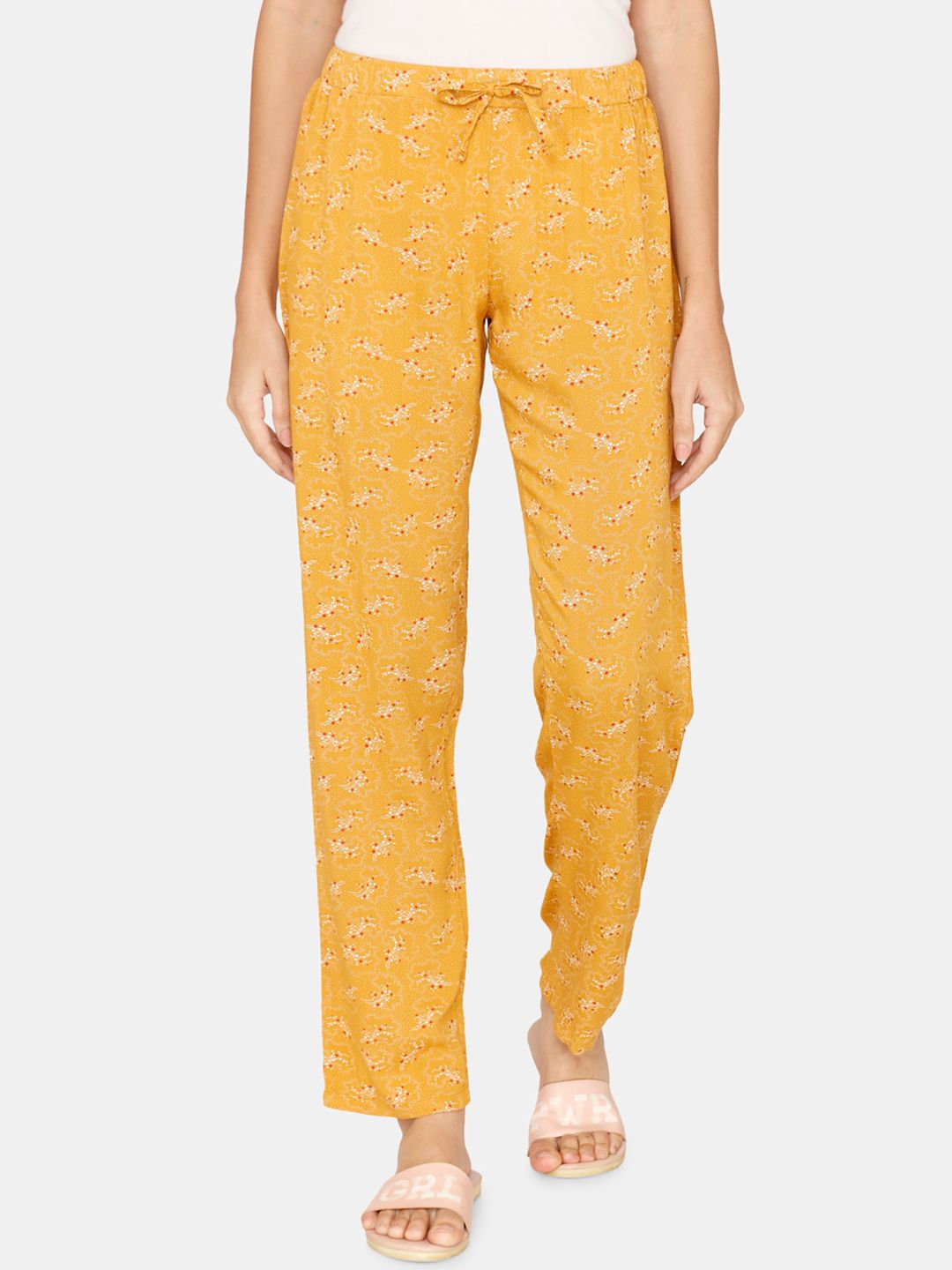 Coucou by Zivame Women Yellow & White Printed Cotton Lounge Pants Price in India