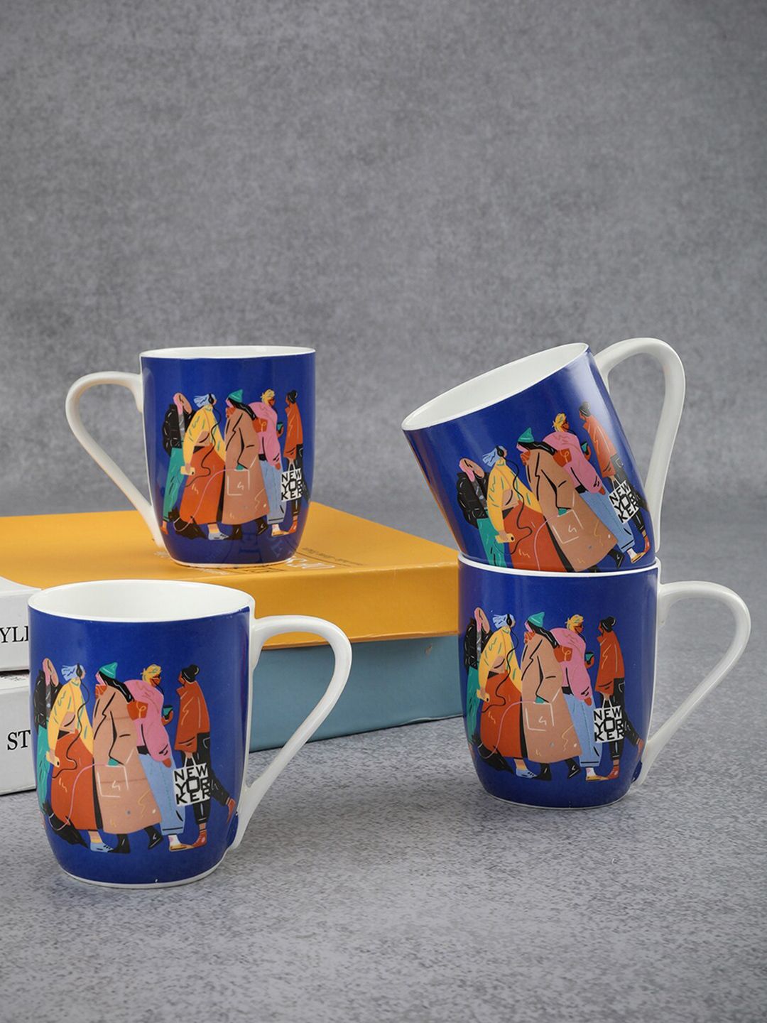 HomeTown Navy Blue Set of 4 Hand Painted Ceramic Matte Cups Price in India
