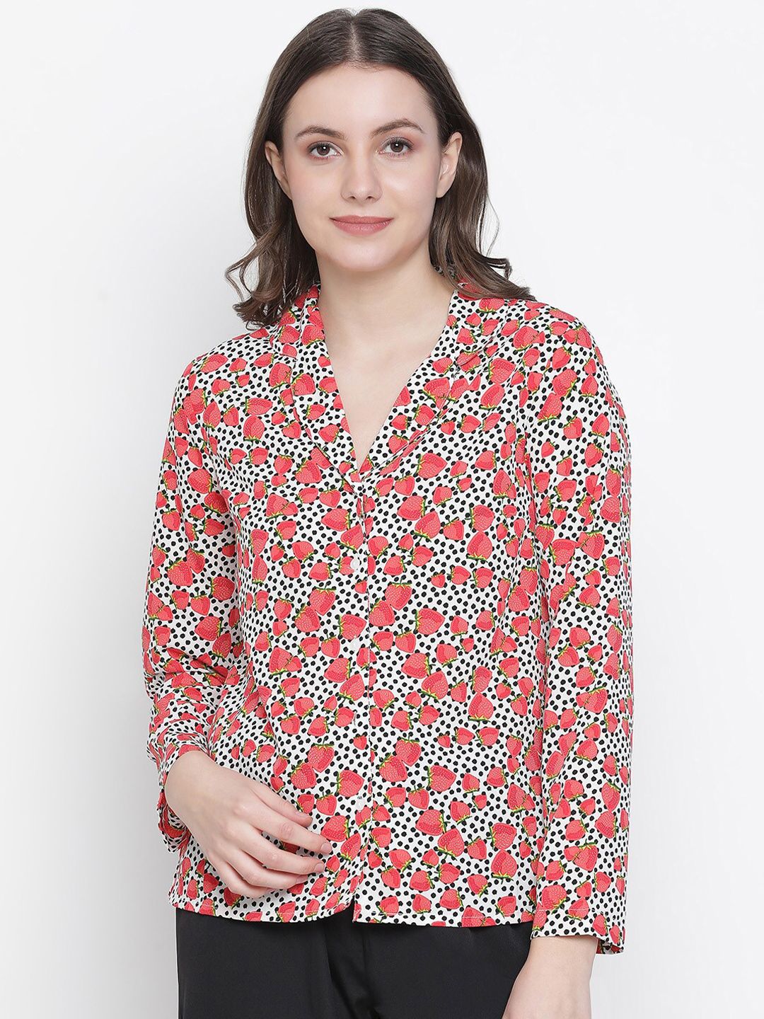 Oxolloxo Women White & Red Classic Floral Printed Casual Lounge Shirt Price in India