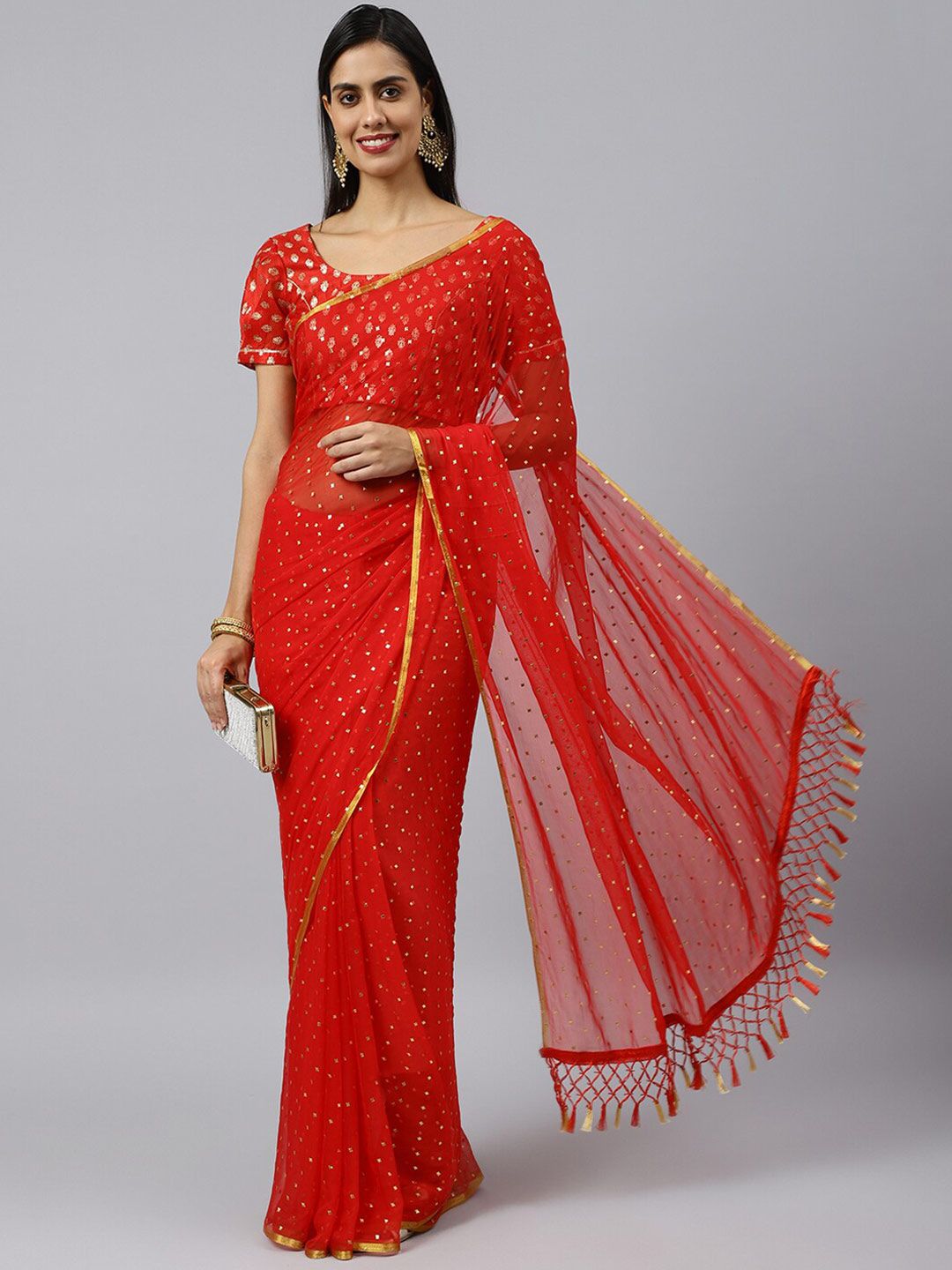 KALINI Red & Gold-Toned Embellished Saree