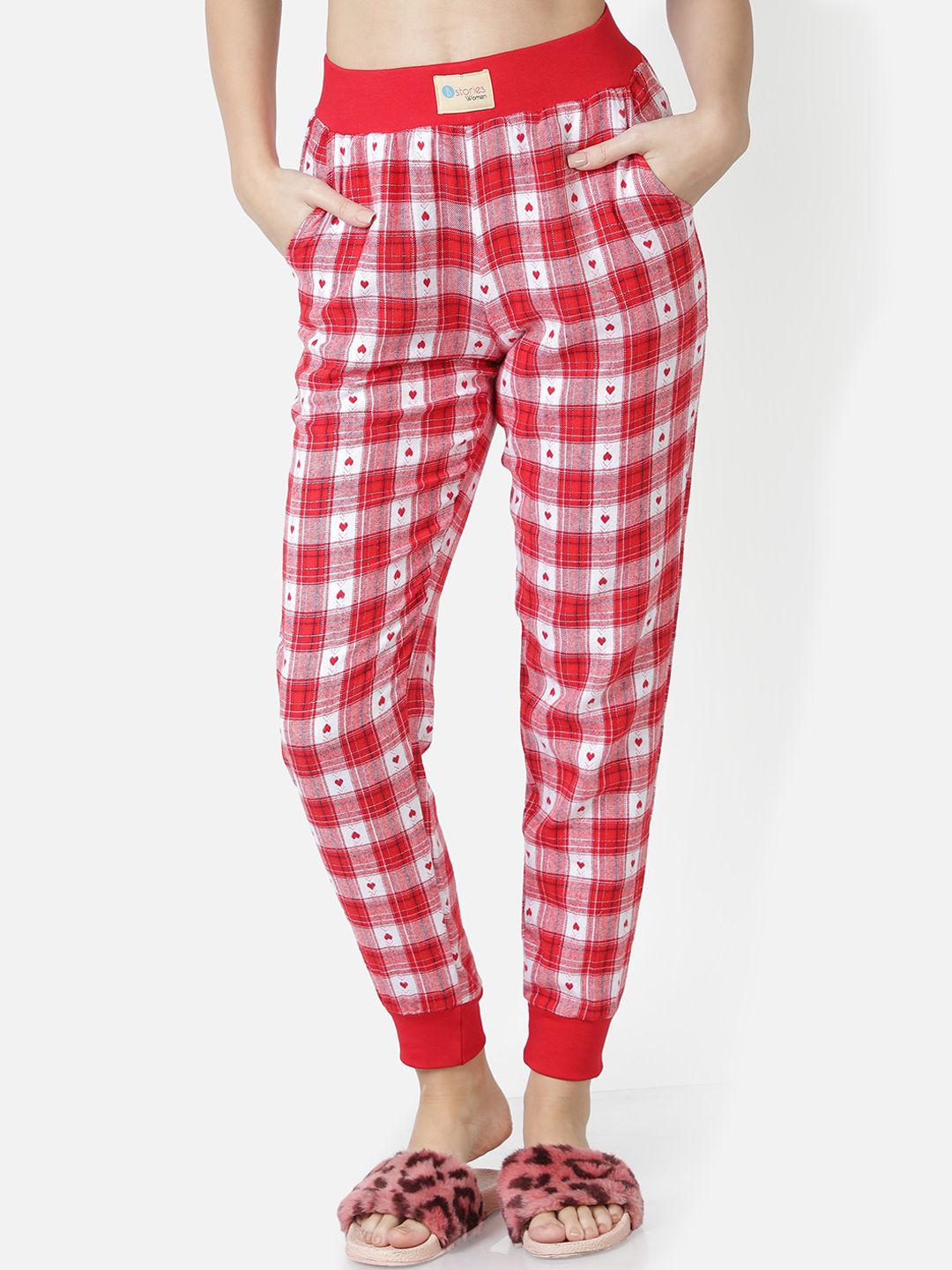 BStories Women Red Checked Pure Cotton Jogger Lounge Pants Price in India