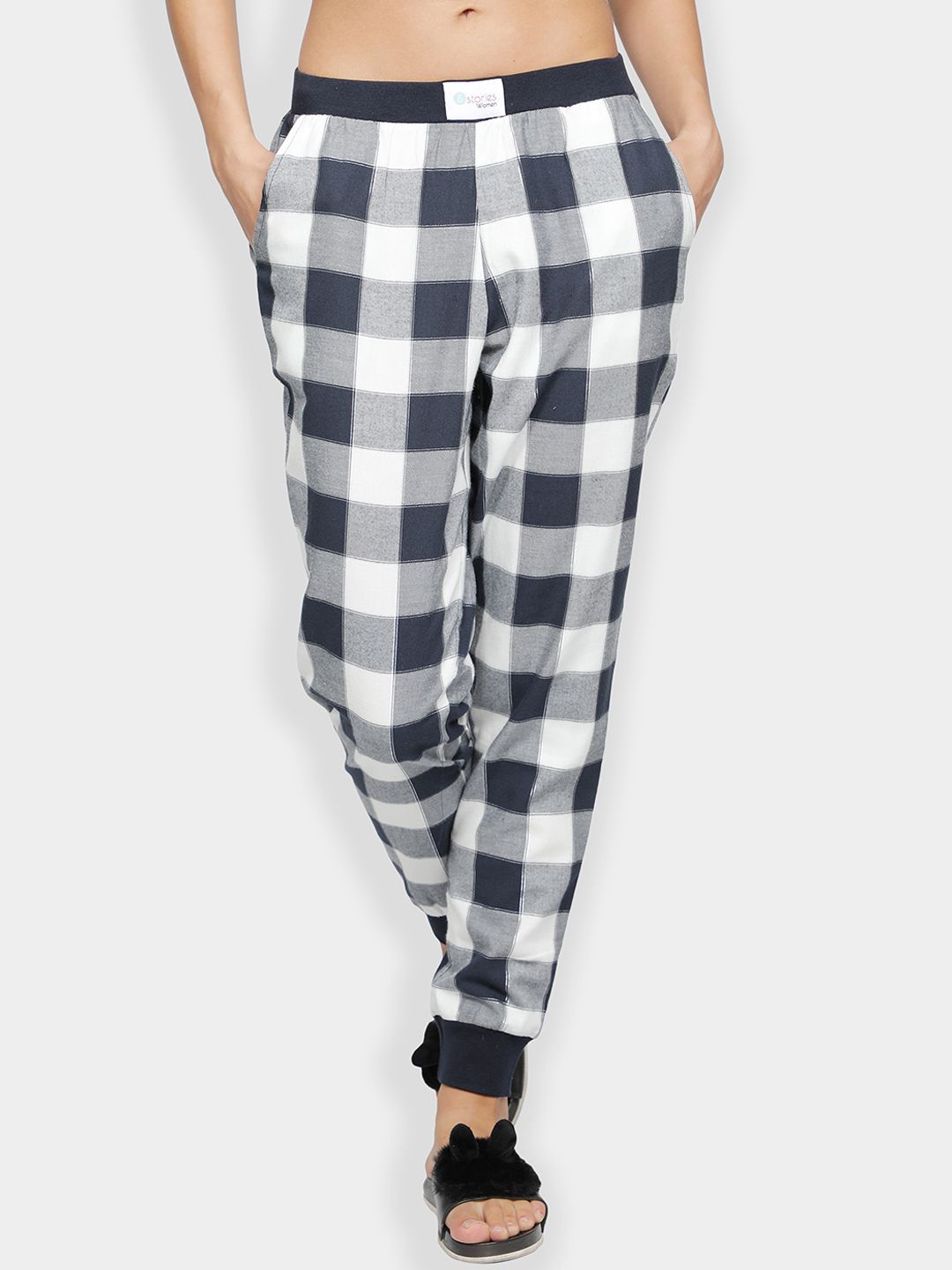 BStories Women Navy Blue Checked Pure Cotton Lounge Pants Price in India