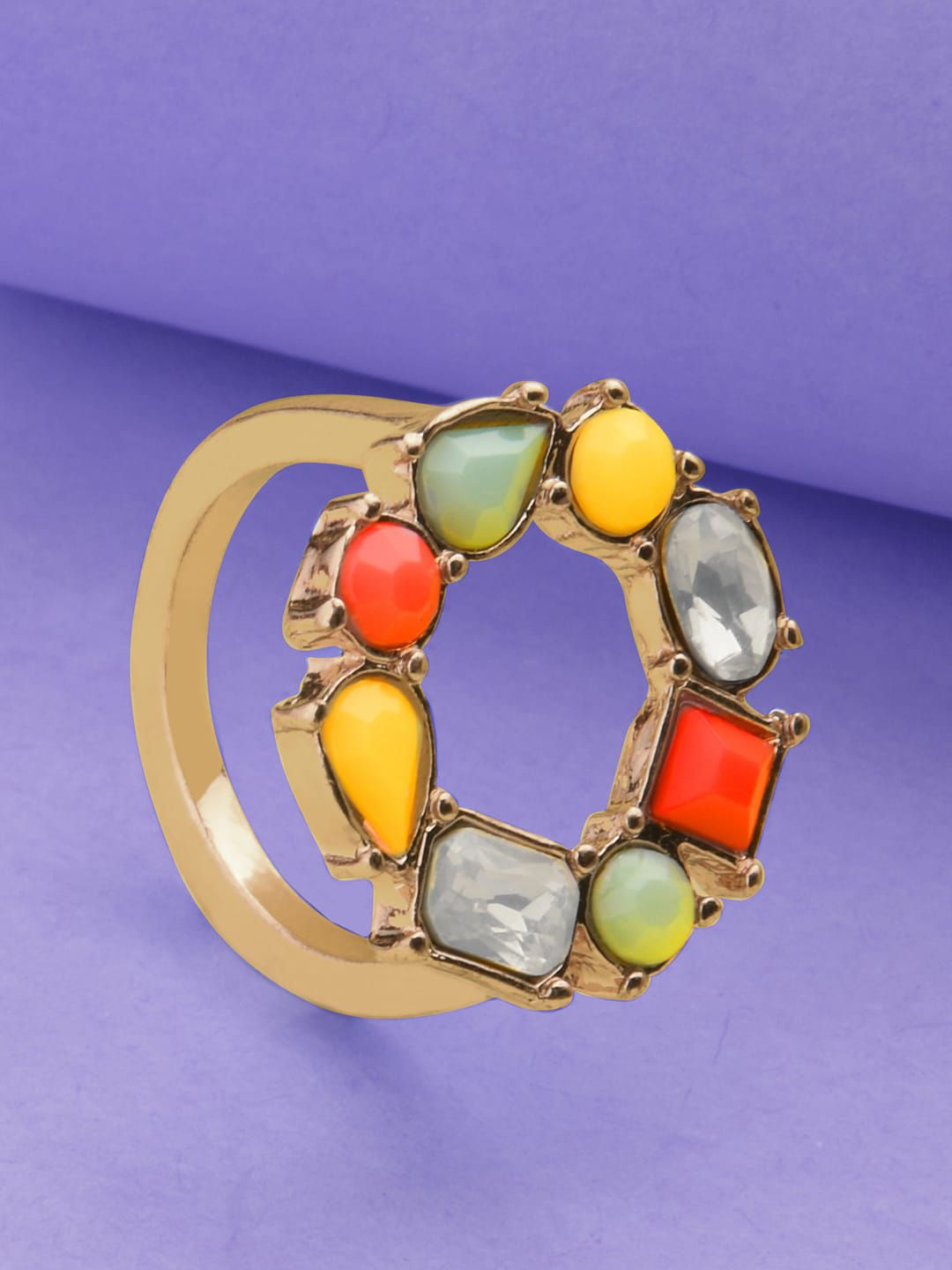 Accessorize Gold-Toned Yellow & Orange Stone Studded Finger Ring Price in India