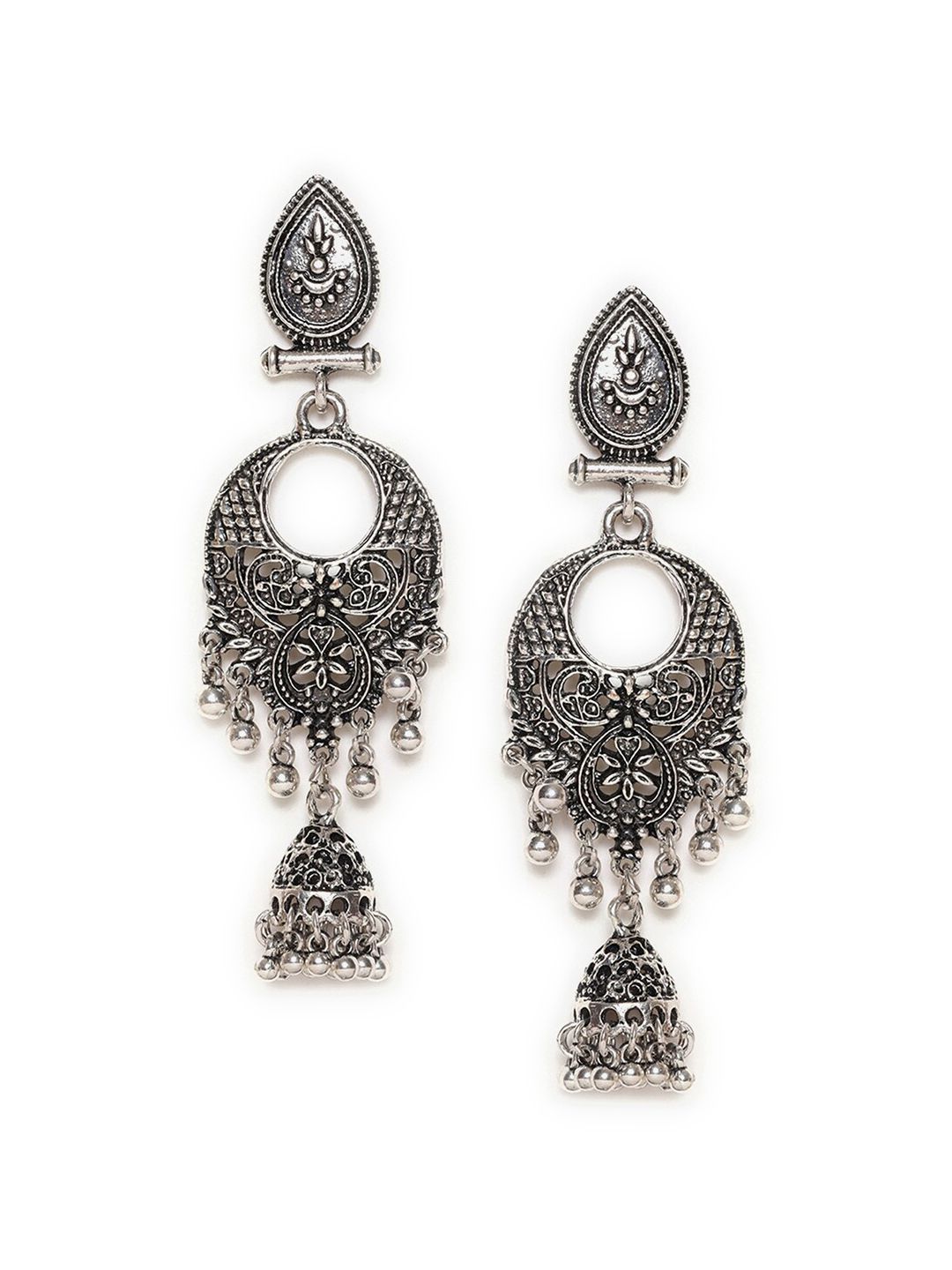 W Silver-Toned Crescent Shaped Jhumkas Earrings Price in India