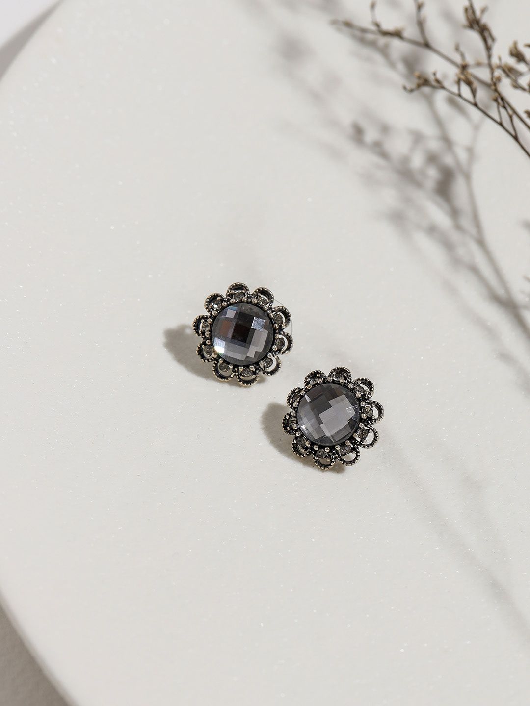 W Black Floral Studs Earrings Price in India