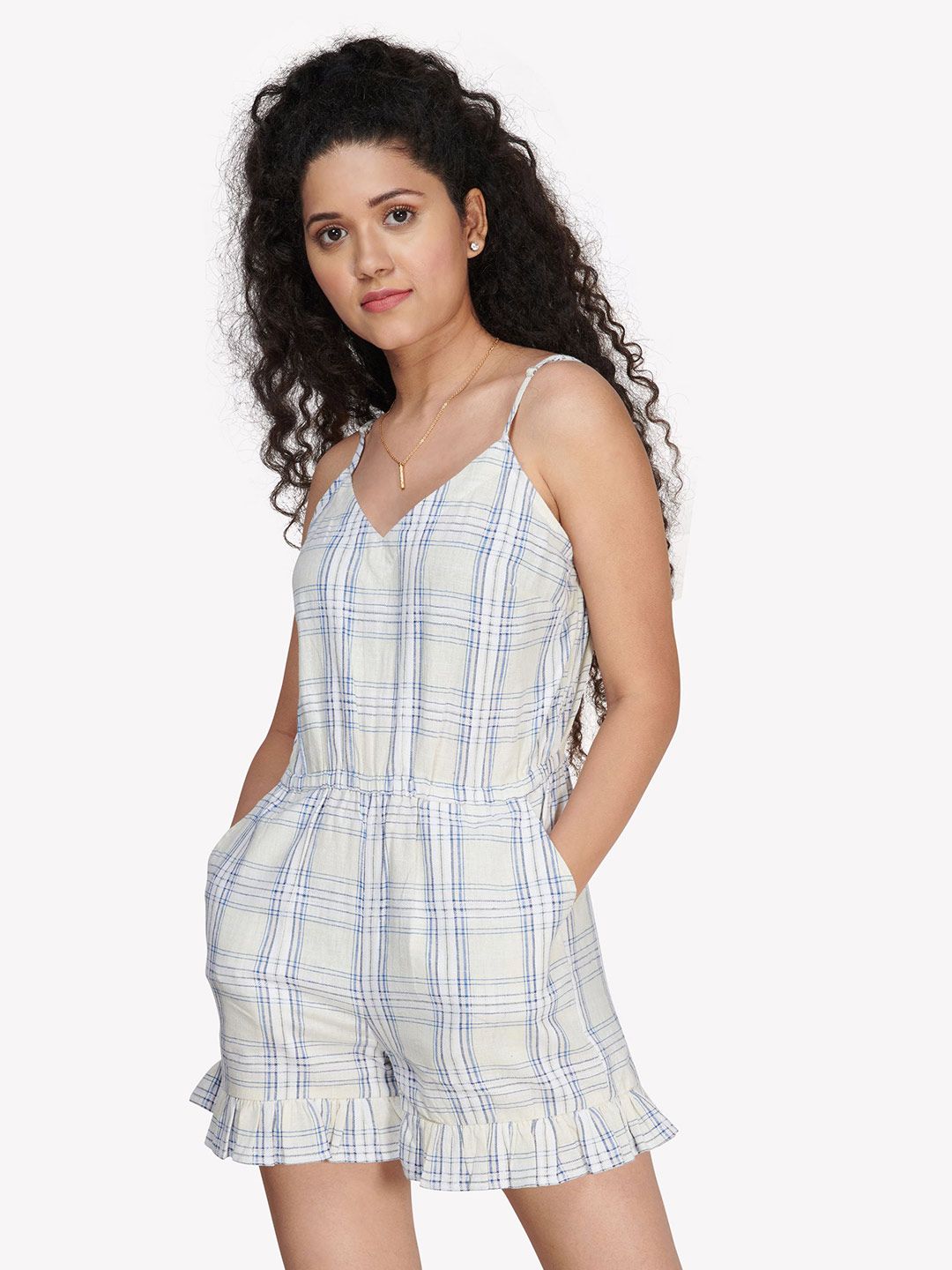 VASTRADO Blue & Off White Checked Playsuit Price in India