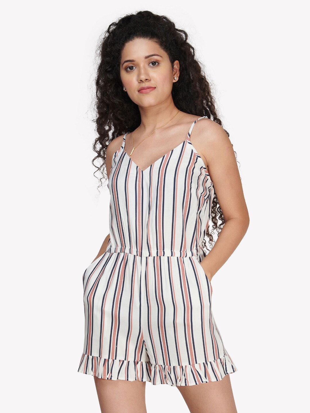 VASTRADO White & Pink Striped with Ruffles Jumpsuit Price in India